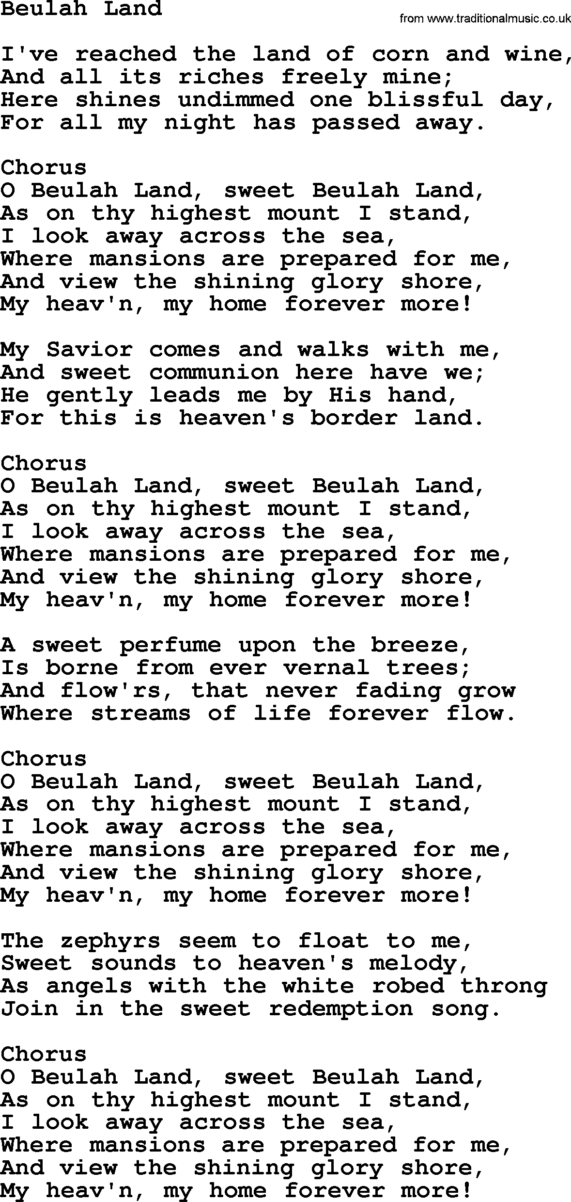 Baptist Hymnal Hymn: Beulah Land, lyrics with pdf