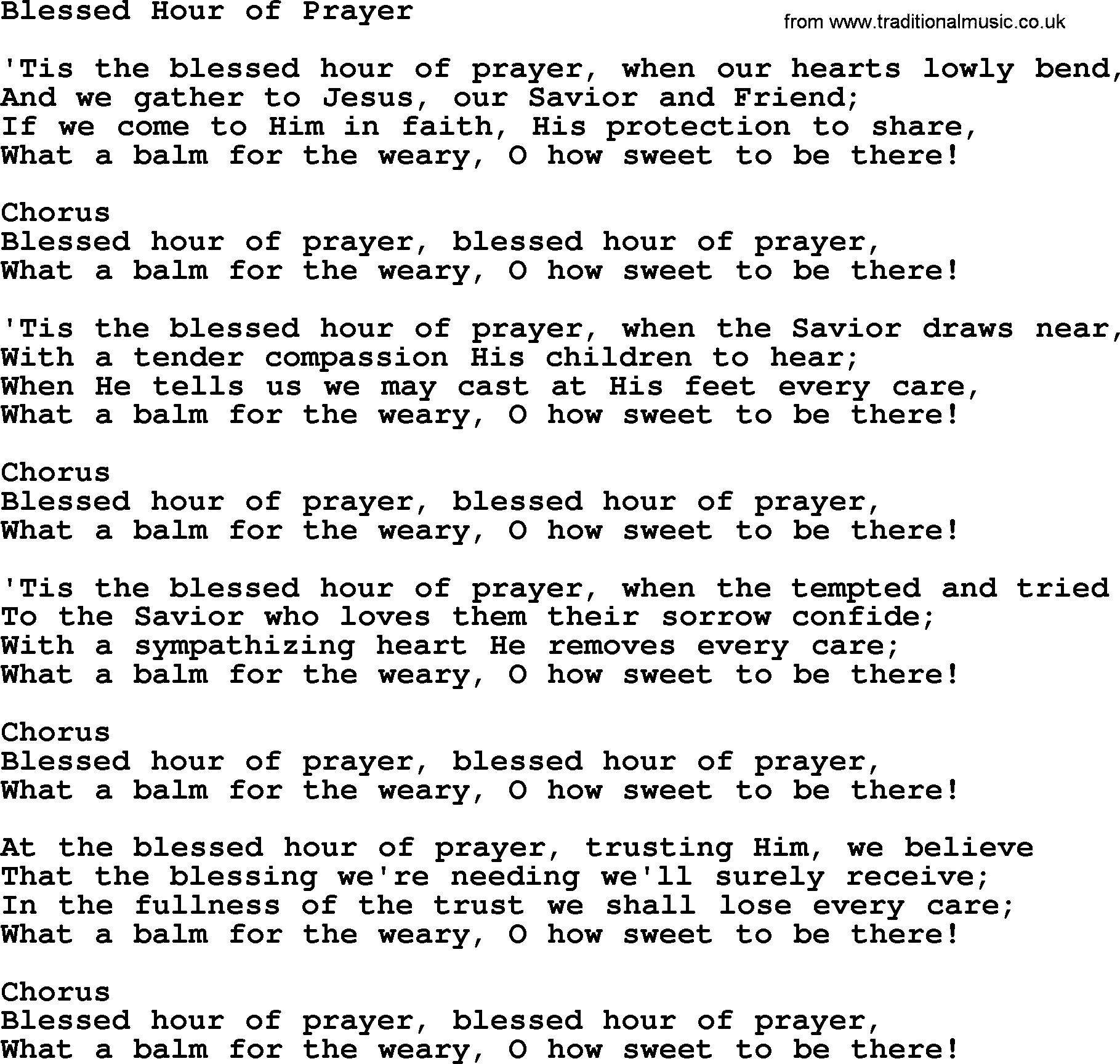 Baptist Hymnal Hymn: Blessed Hour Of Prayer, lyrics with pdf