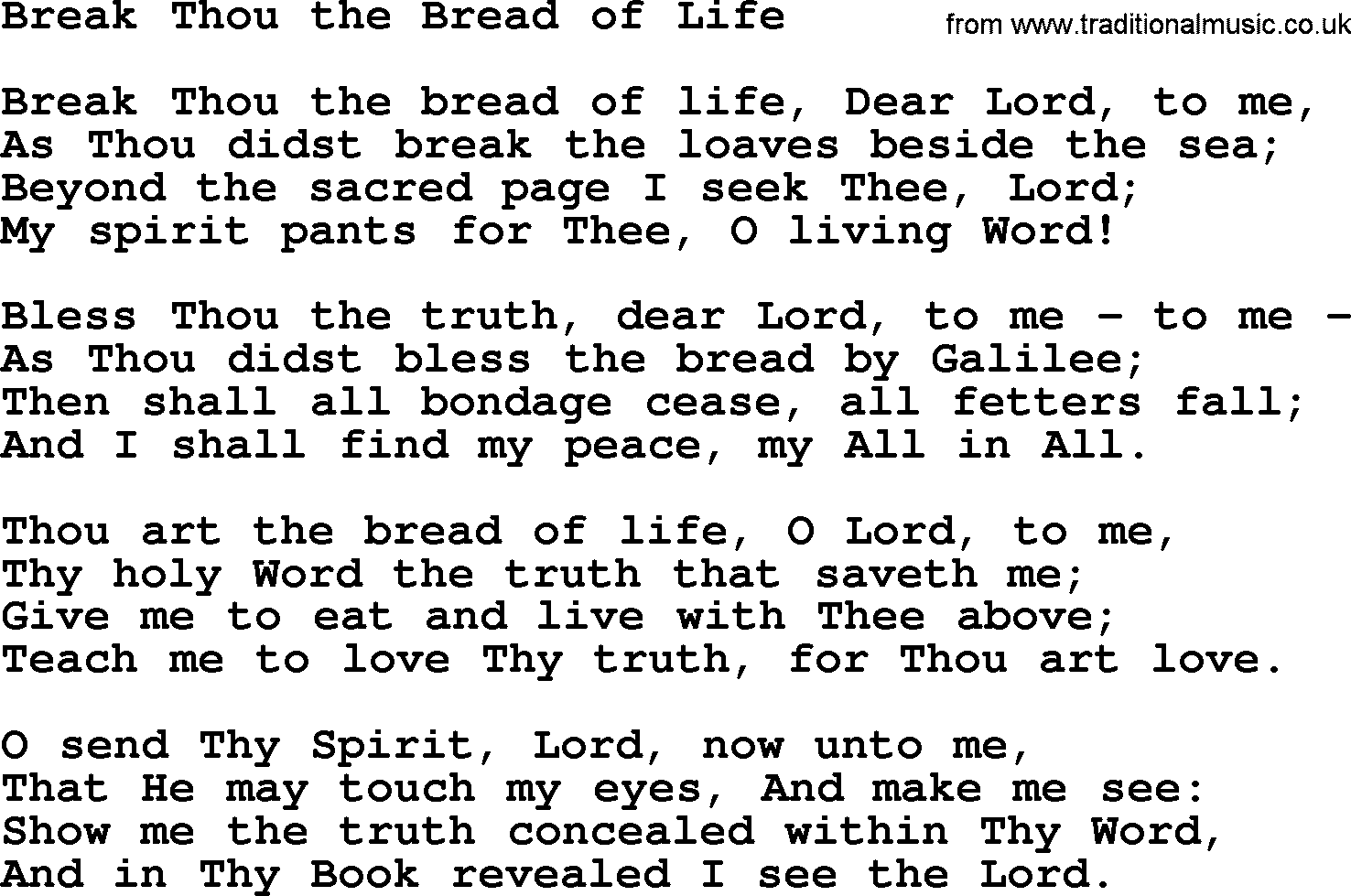 Baptist Hymnal Hymn: Break Thou The Bread Of Life, lyrics with pdf