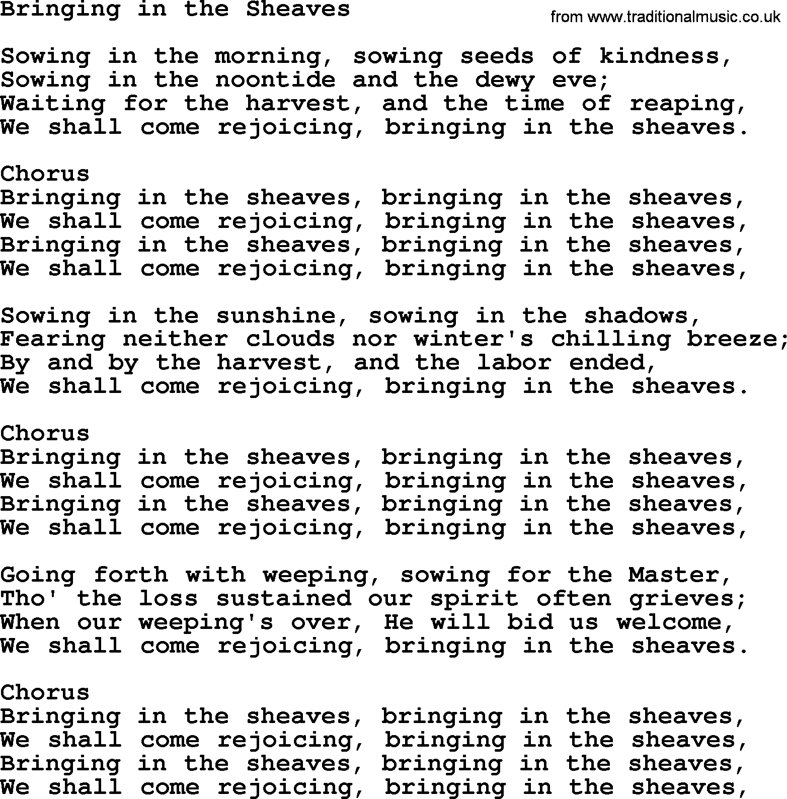 Baptist Hymnal Hymn: Bringing In The Sheaves, lyrics with pdf