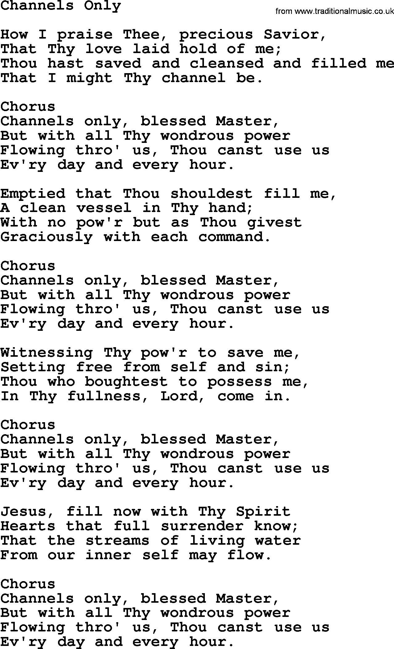 Baptist Hymnal Hymn: Channels Only, lyrics with pdf