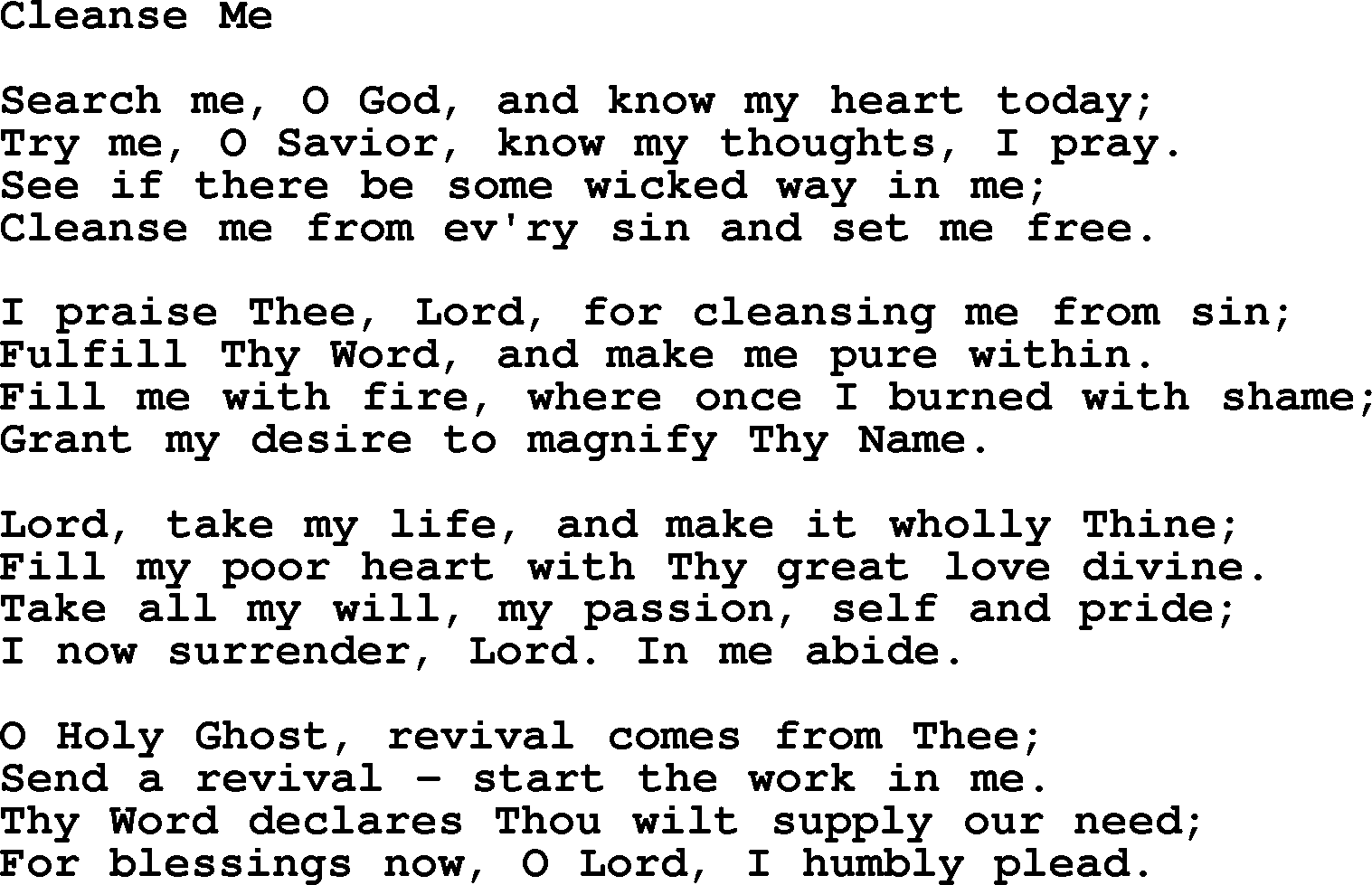 Baptist Hymnal Hymn: Cleanse Me, lyrics with pdf