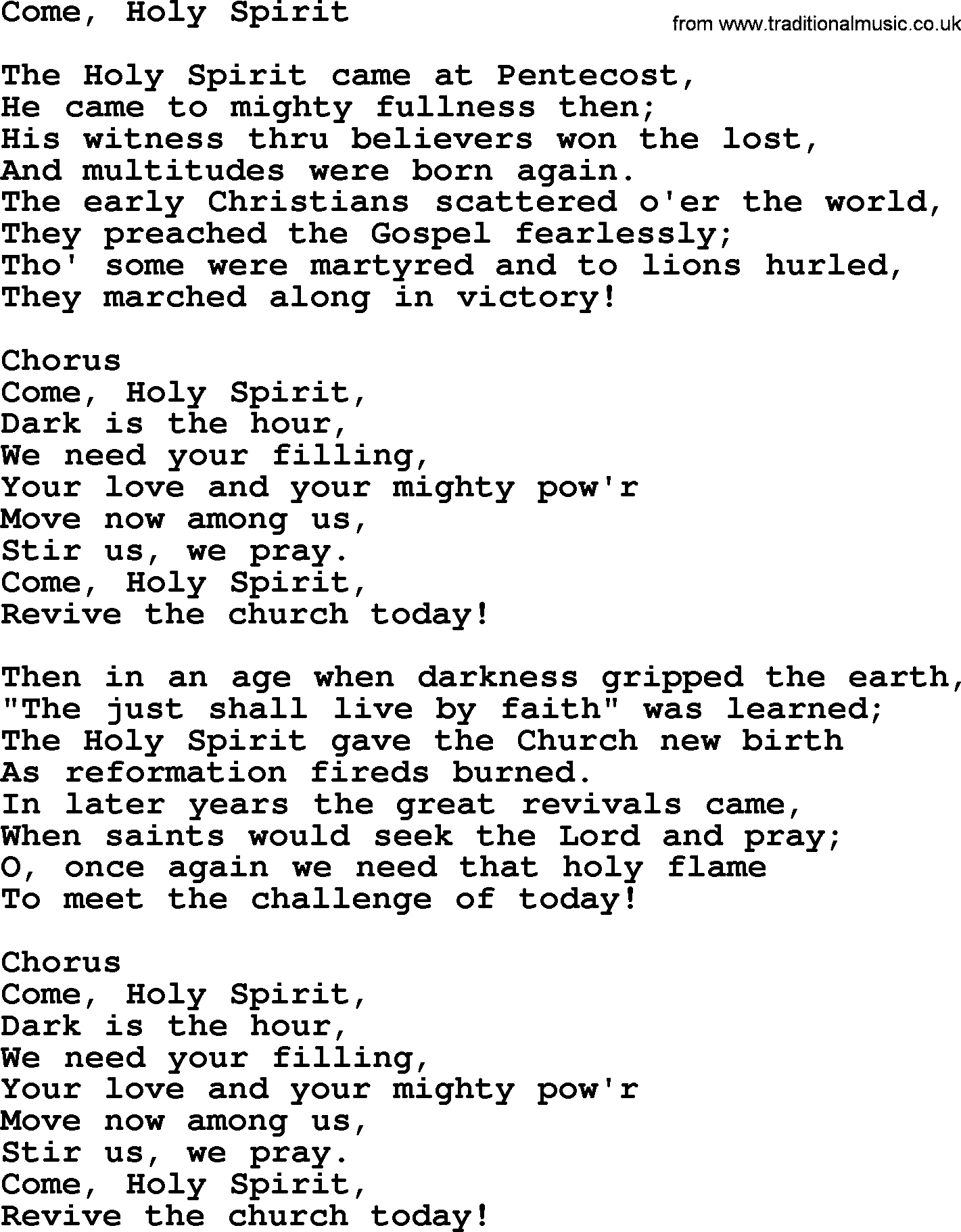 Baptist Hymnal Hymn: Come, Holy Spirit, lyrics with pdf
