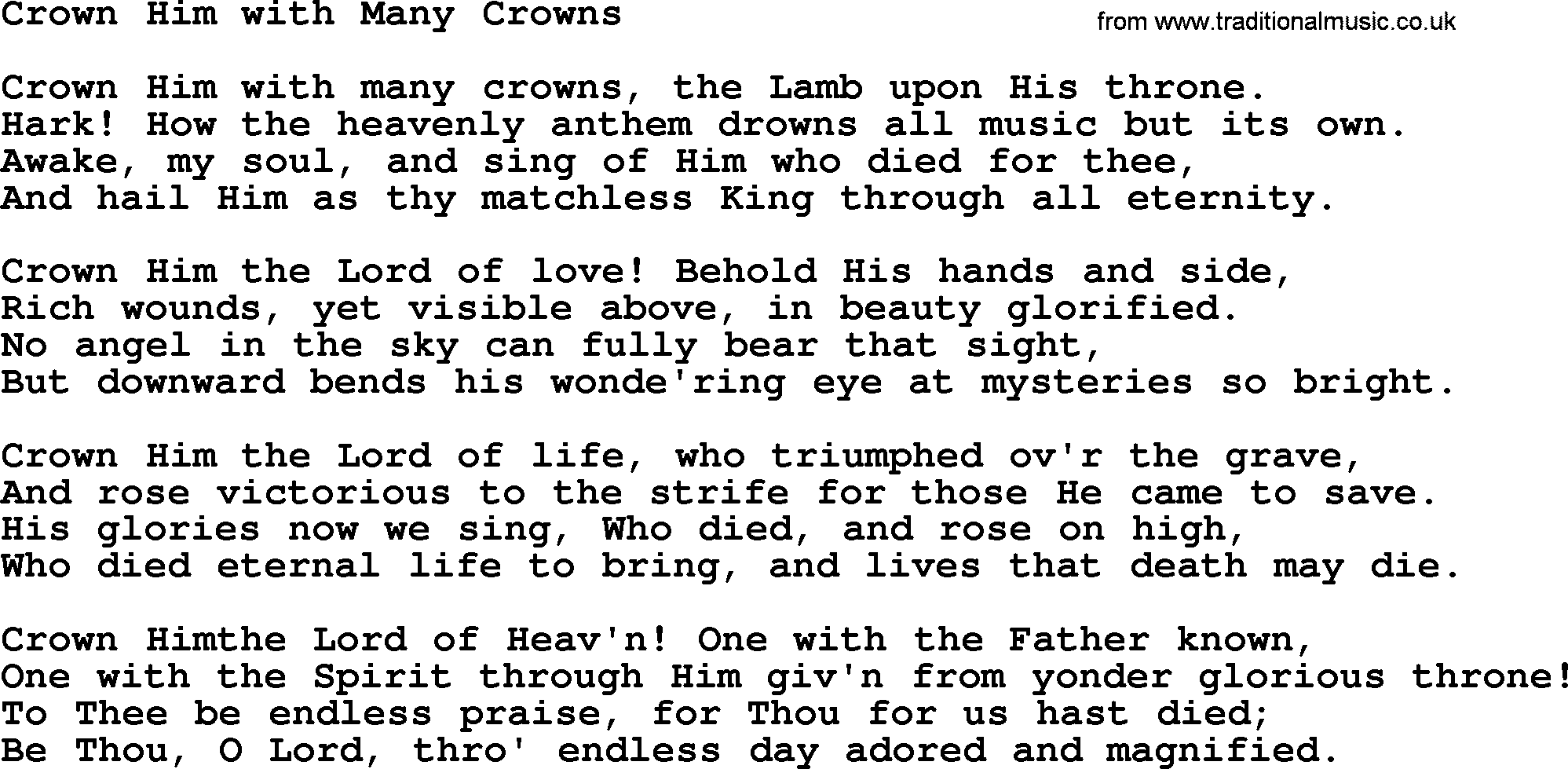 Baptist Hymnal Hymn: Crown Him With Many Crowns, lyrics with pdf