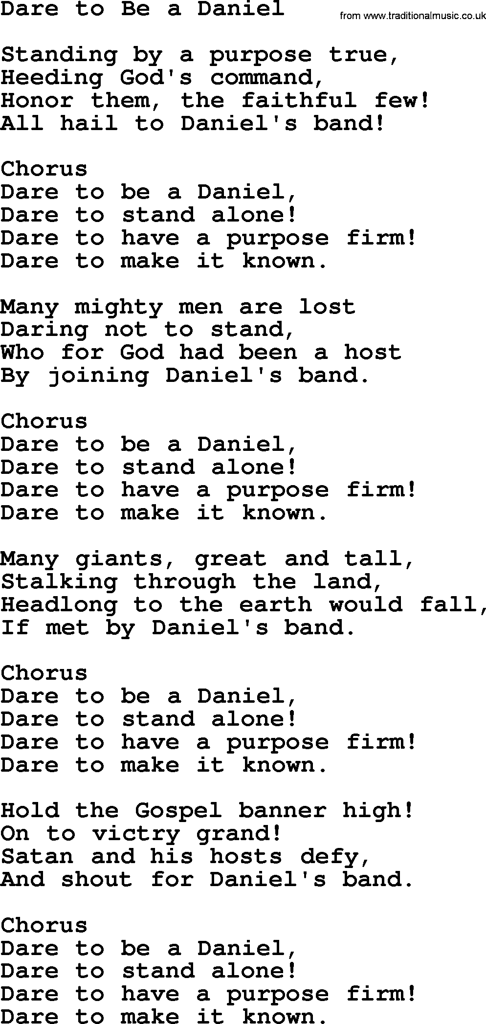 Baptist Hymnal Hymn: Dare To Be A Daniel, lyrics with pdf