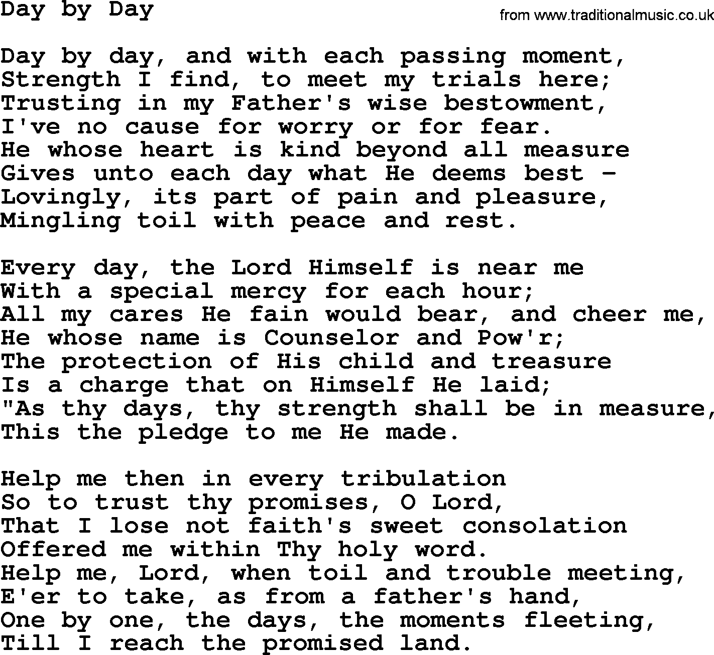 Baptist Hymnal Hymn: Day By Day, lyrics with pdf