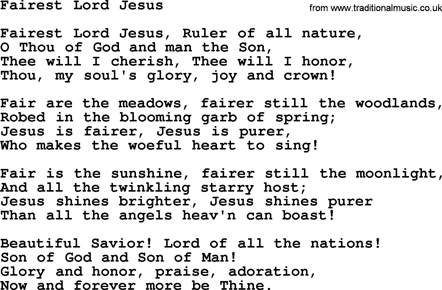 Baptist Hymnal Hymn: Fairest Lord Jesus, lyrics with pdf