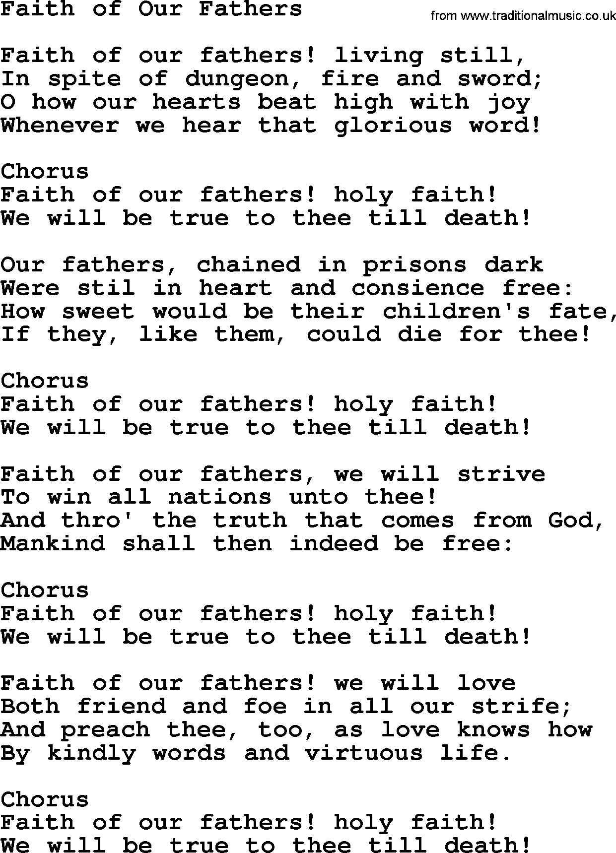 Baptist Hymnal Hymn: Faith Of Our Fathers, lyrics with pdf