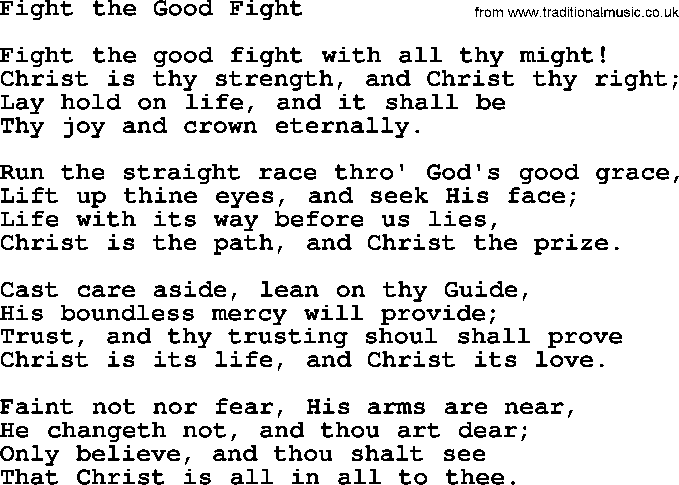 Baptist Hymnal Hymn: Fight The Good Fight, lyrics with pdf