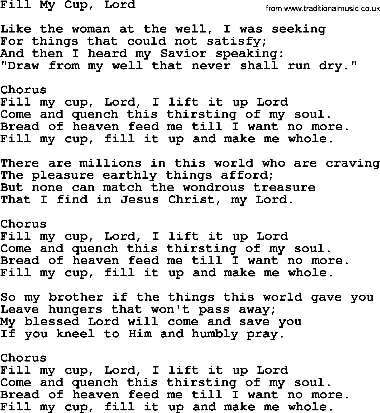 Baptist Hymnal Hymn: Fill My Cup, Lord, lyrics with pdf