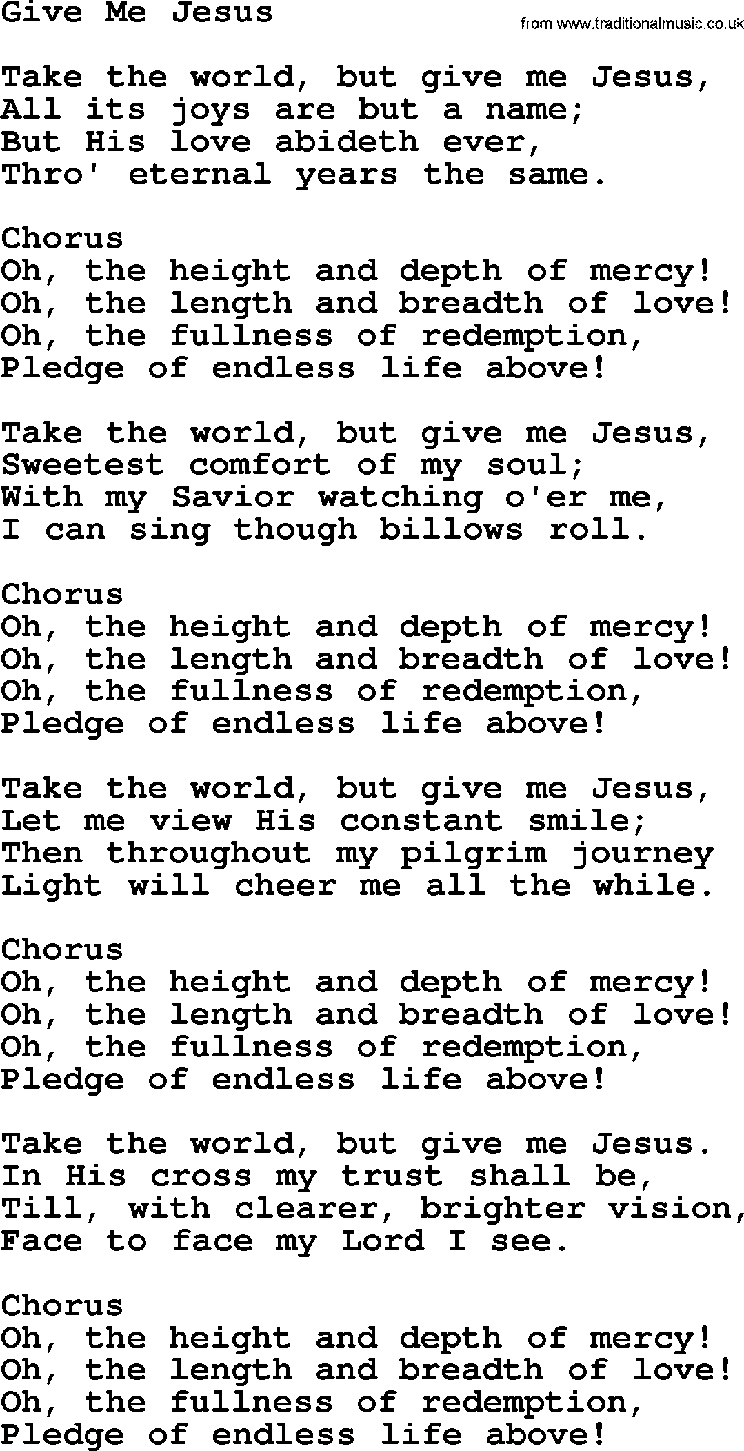 Baptist Hymnal Hymn: Give Me Jesus, lyrics with pdf