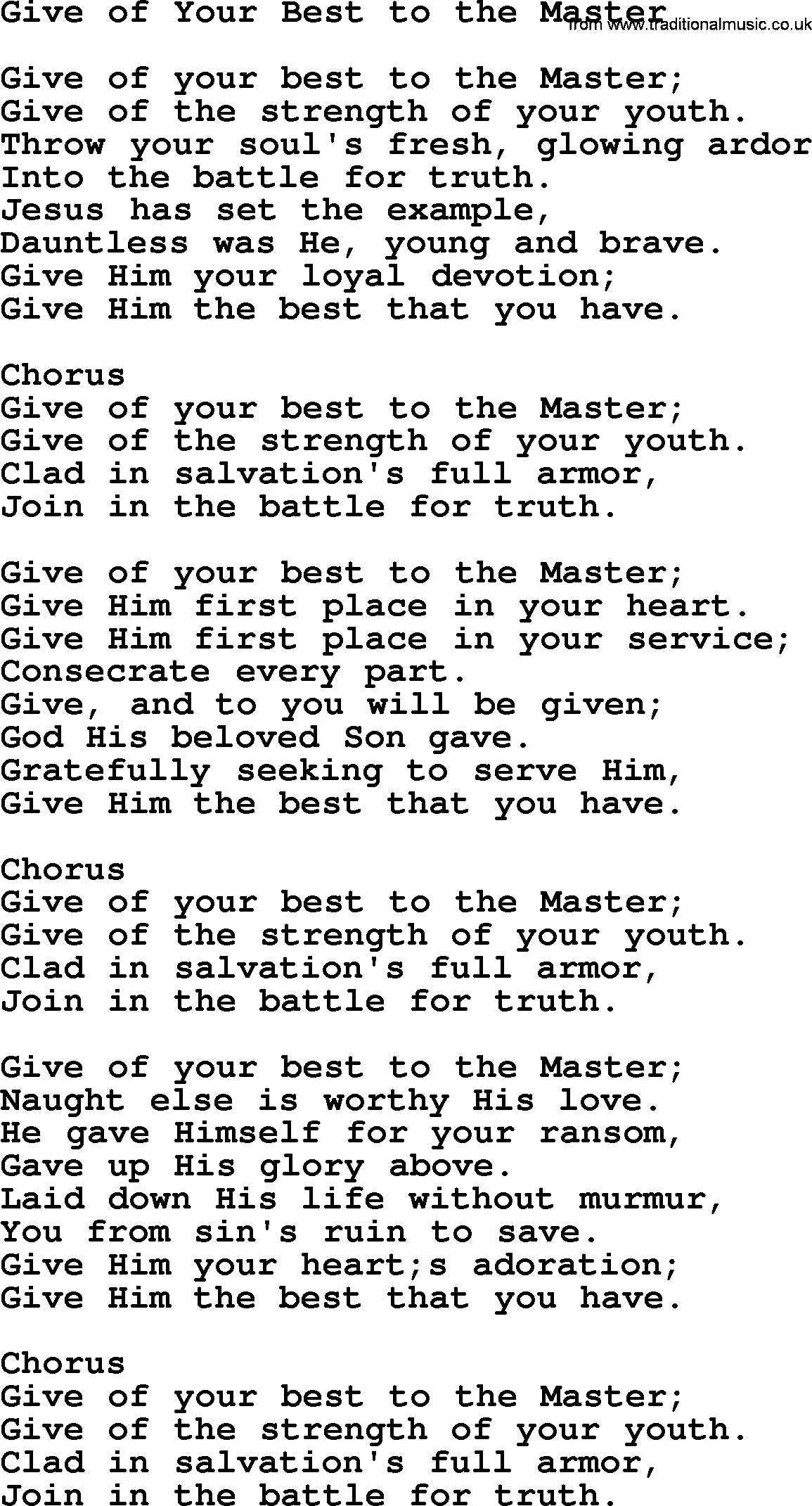 Baptist Hymnal Hymn: Give Of Your Best To The Master, lyrics with pdf