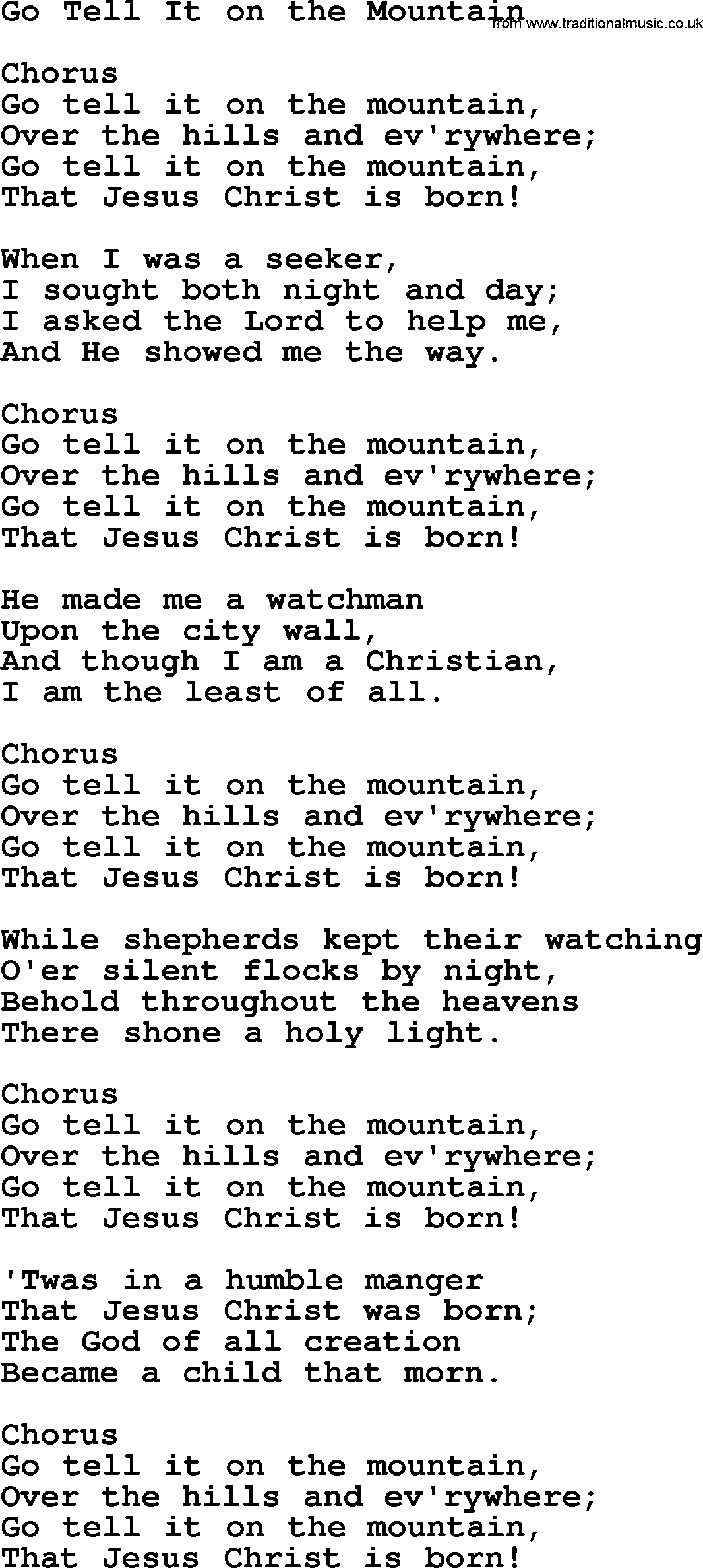 Baptist Hymnal, Christian Song: Go Tell It On The Mountain- lyrics with PDF for printing