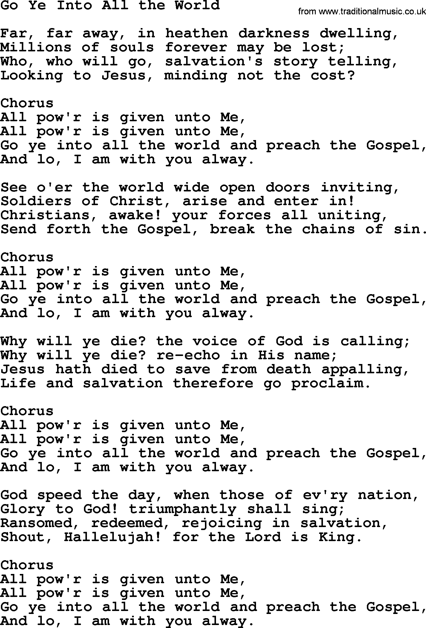 Baptist Hymnal Hymn: Go Ye Into All The World, lyrics with pdf