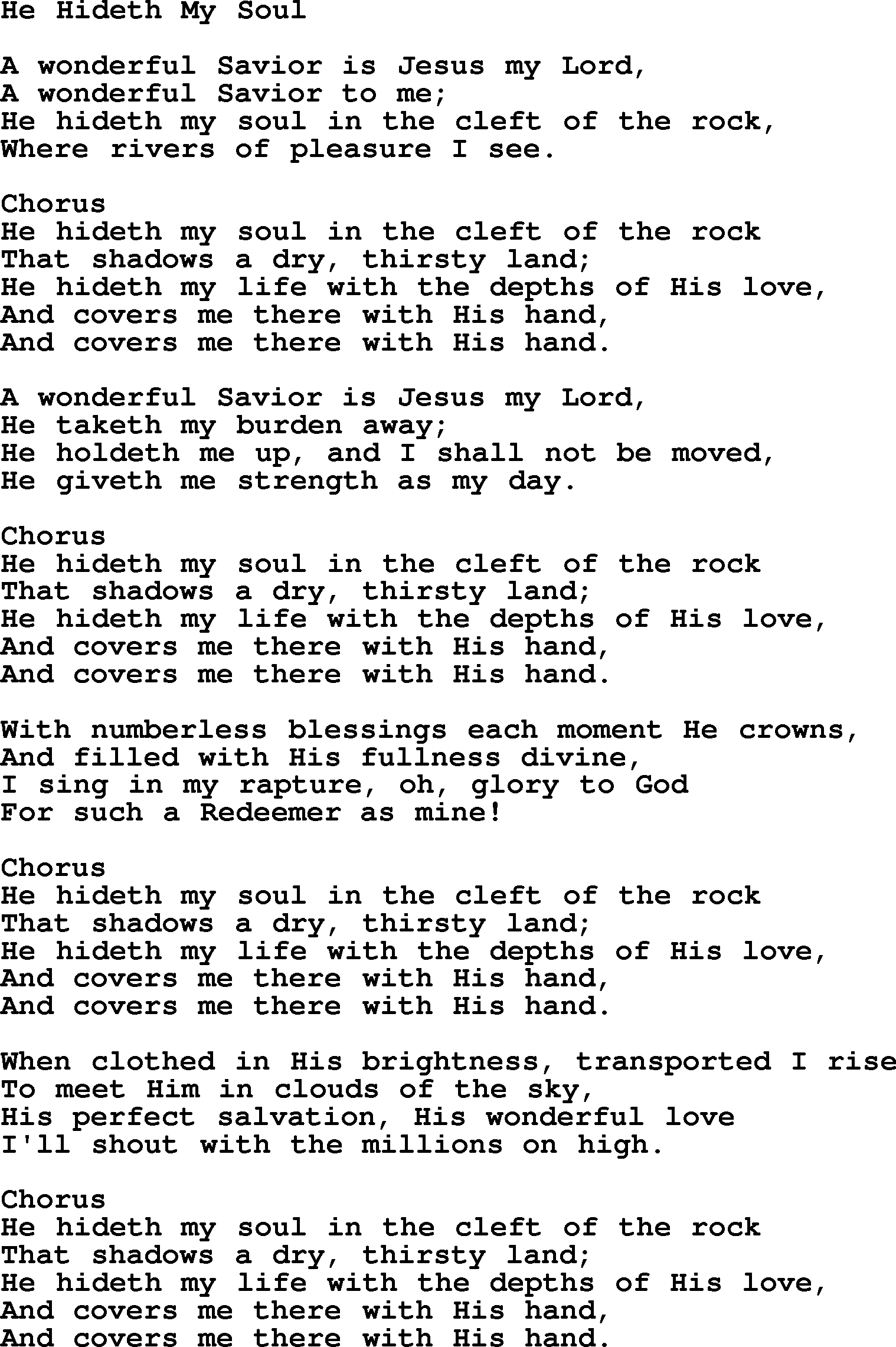 Baptist Hymnal Hymn: He Hideth My Soul, lyrics with pdf