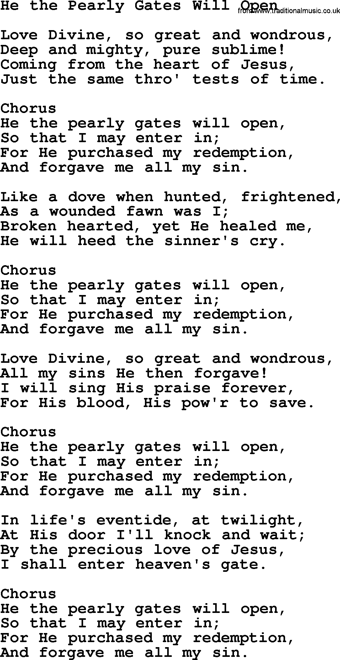 Baptist Hymnal Hymn: He The Pearly Gates Will Open, lyrics with pdf