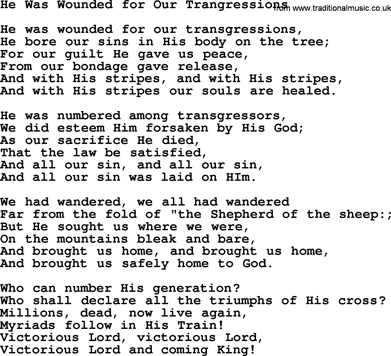 Baptist Hymnal Hymn: He Was Wounded For Our Trangressions, lyrics with pdf