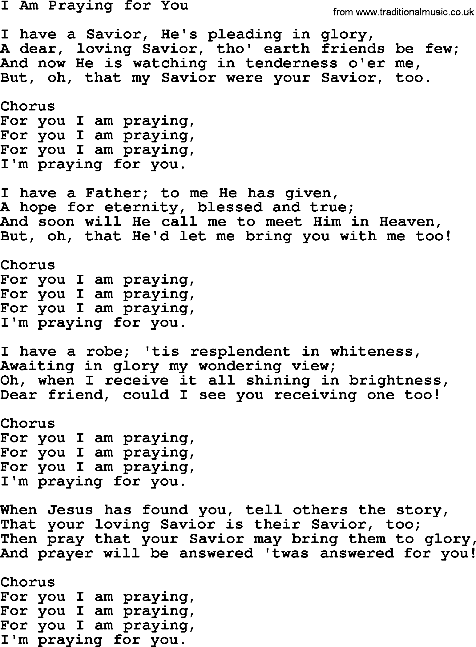 Baptist Hymnal Hymn: I Am Praying For You, lyrics with pdf