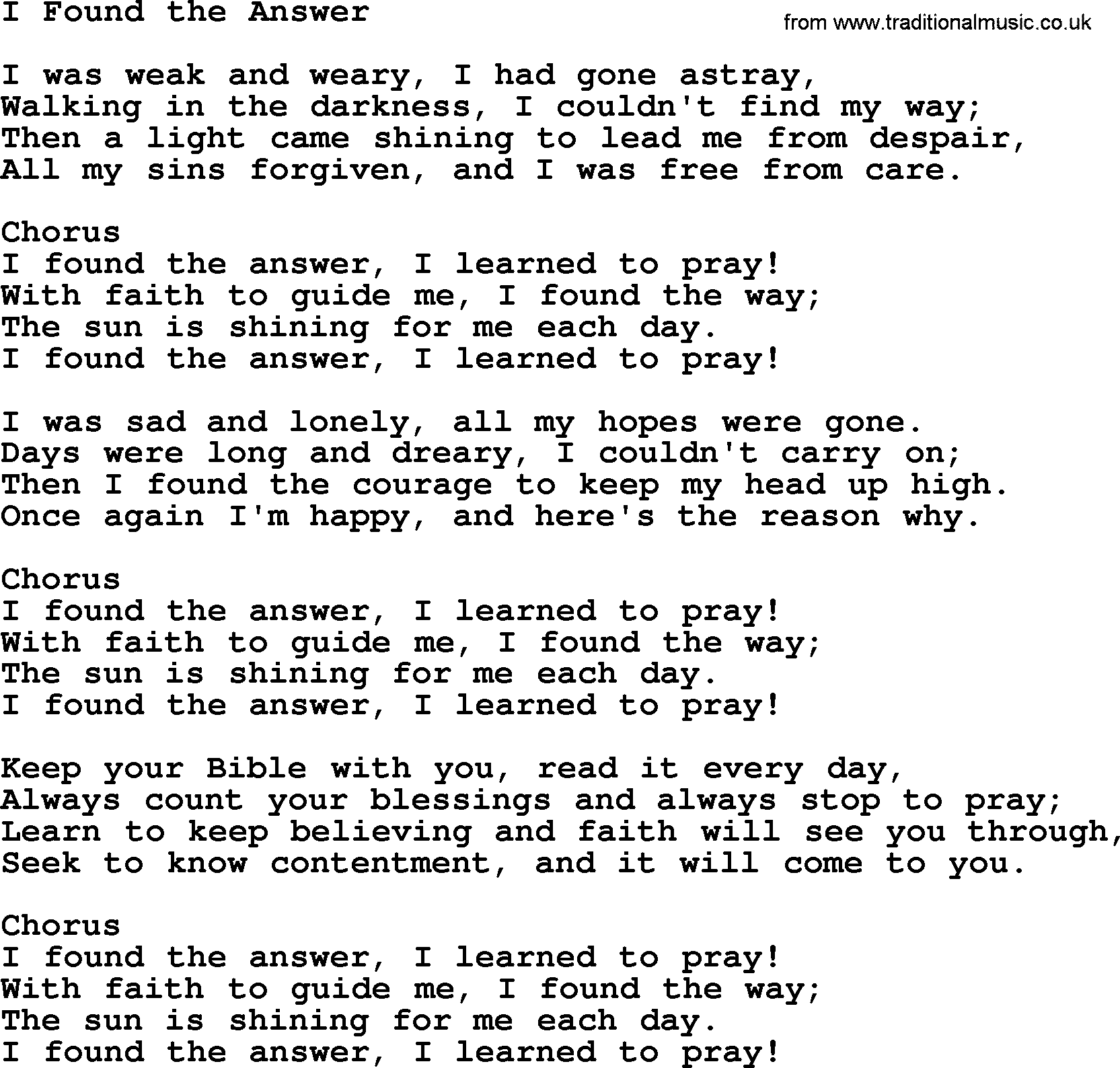 Baptist Hymnal Hymn: I Found The Answer, lyrics with pdf