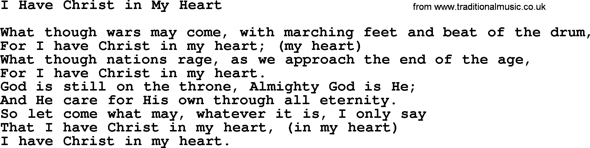 Baptist Hymnal Hymn: I Have Christ In My Heart, lyrics with pdf