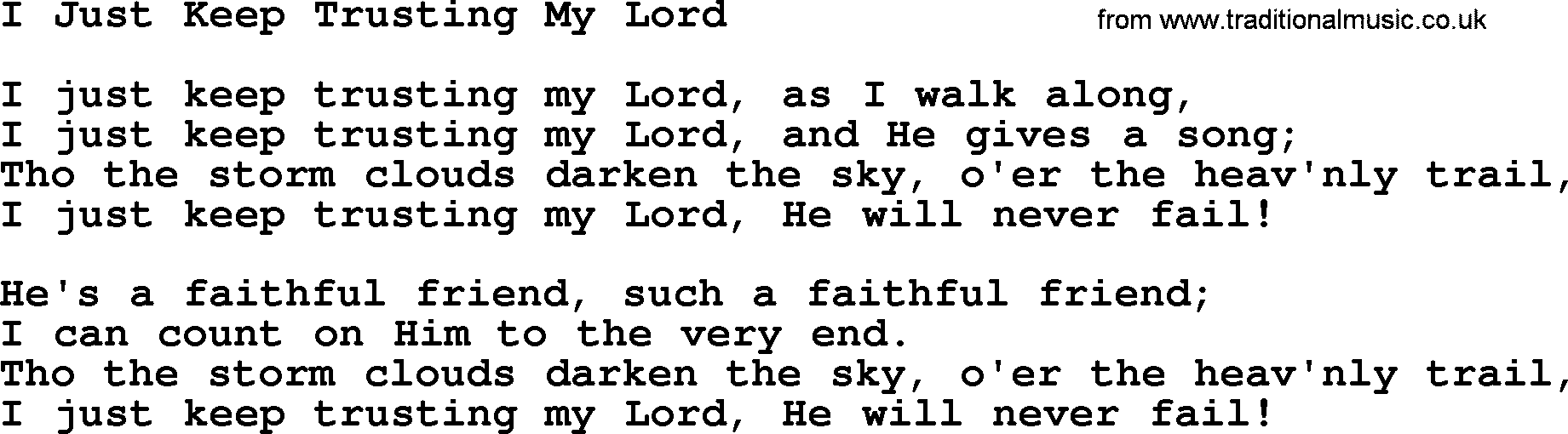 Baptist Hymnal Hymn: I Just Keep Trusting My Lord, lyrics with pdf