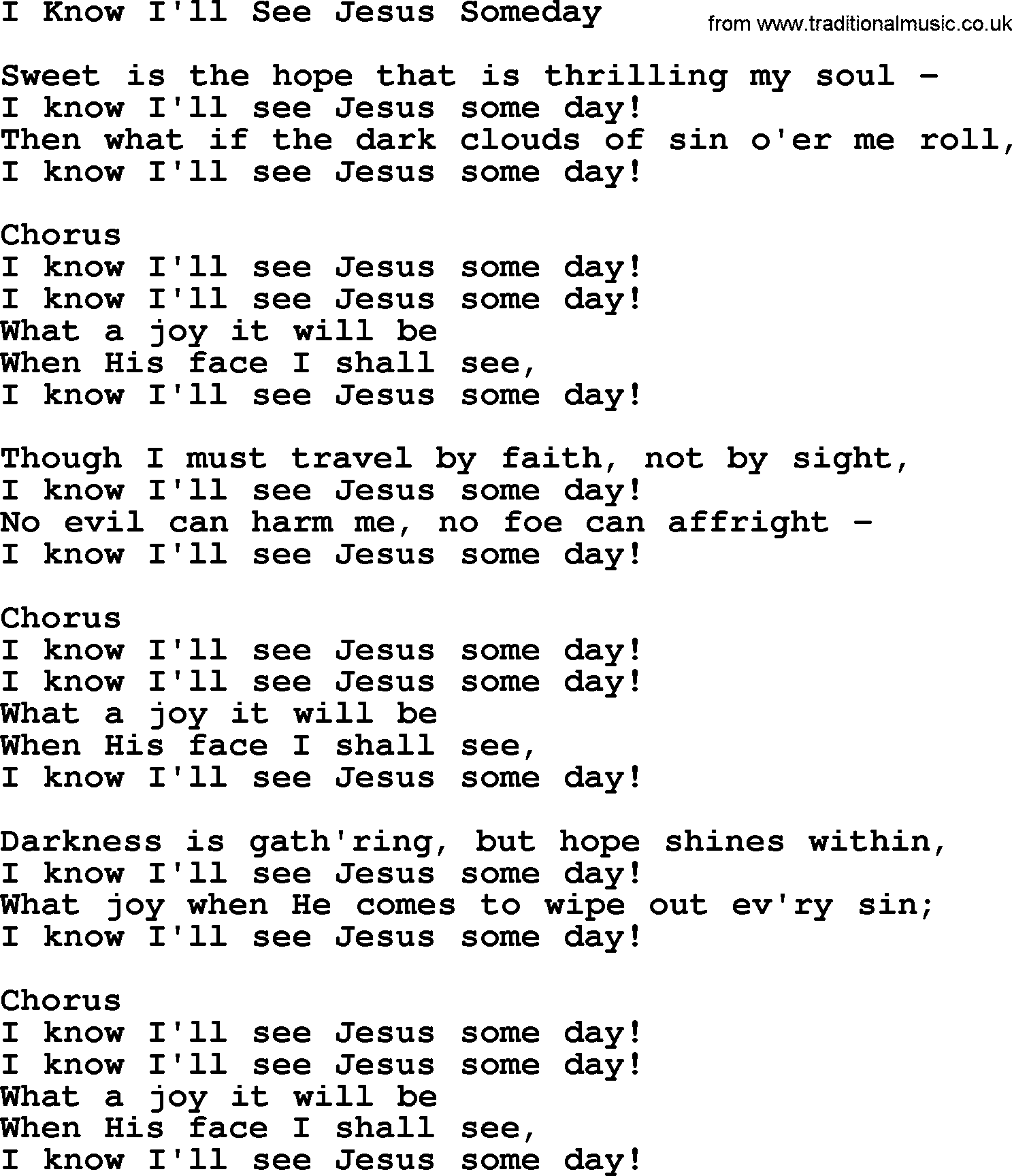 Baptist Hymnal Hymn: I Know I'll See Jesus Someday, lyrics with pdf