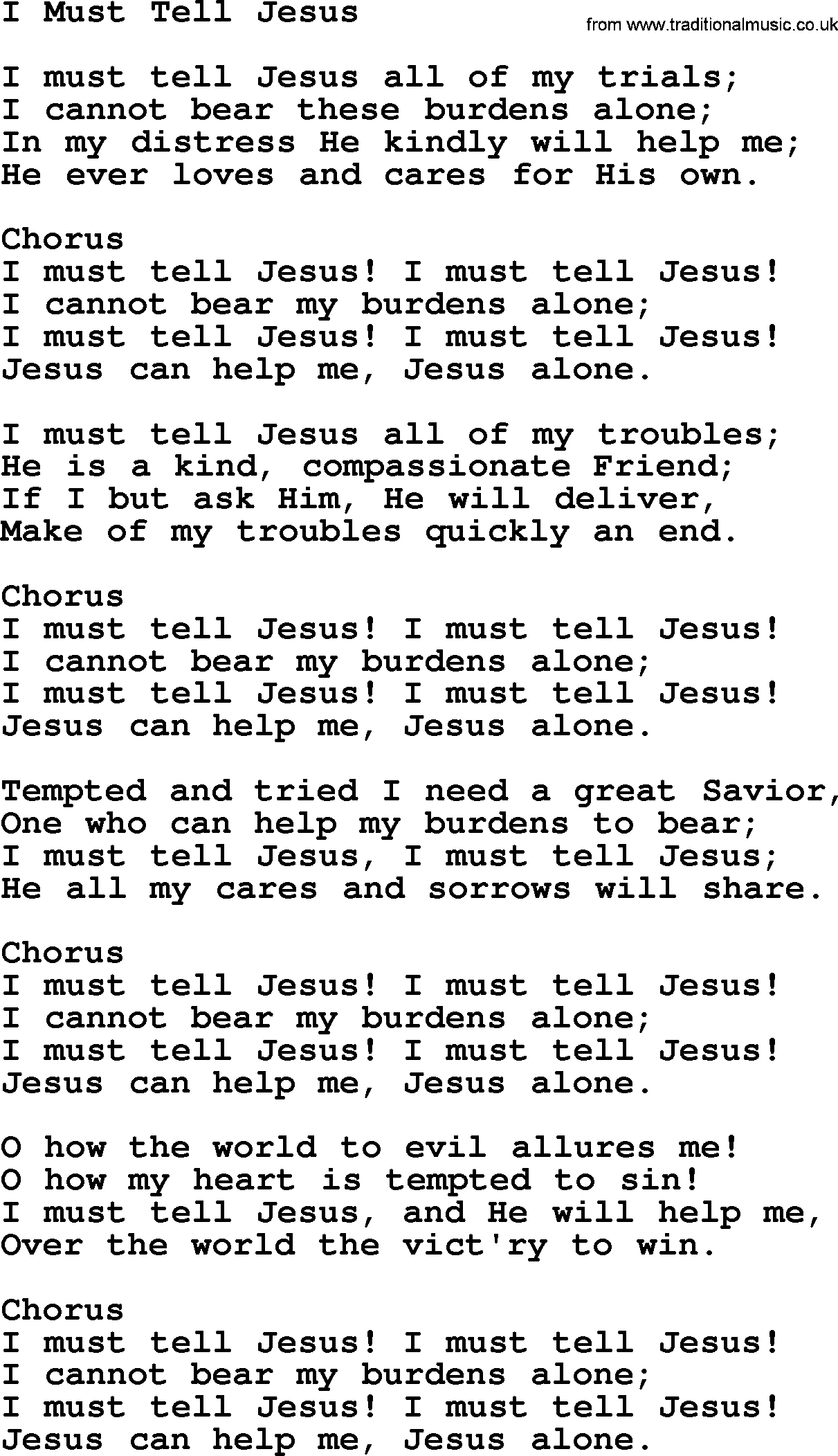 Baptist Hymnal Hymn: I Must Tell Jesus, lyrics with pdf