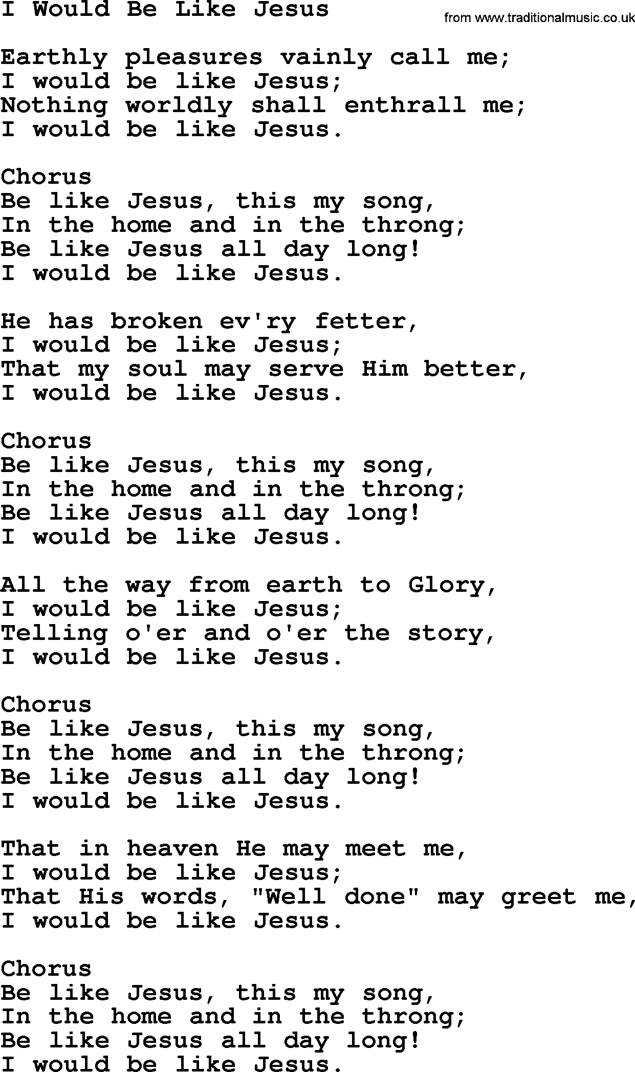 Baptist Hymnal Hymn: I Would Be Like Jesus, lyrics with pdf