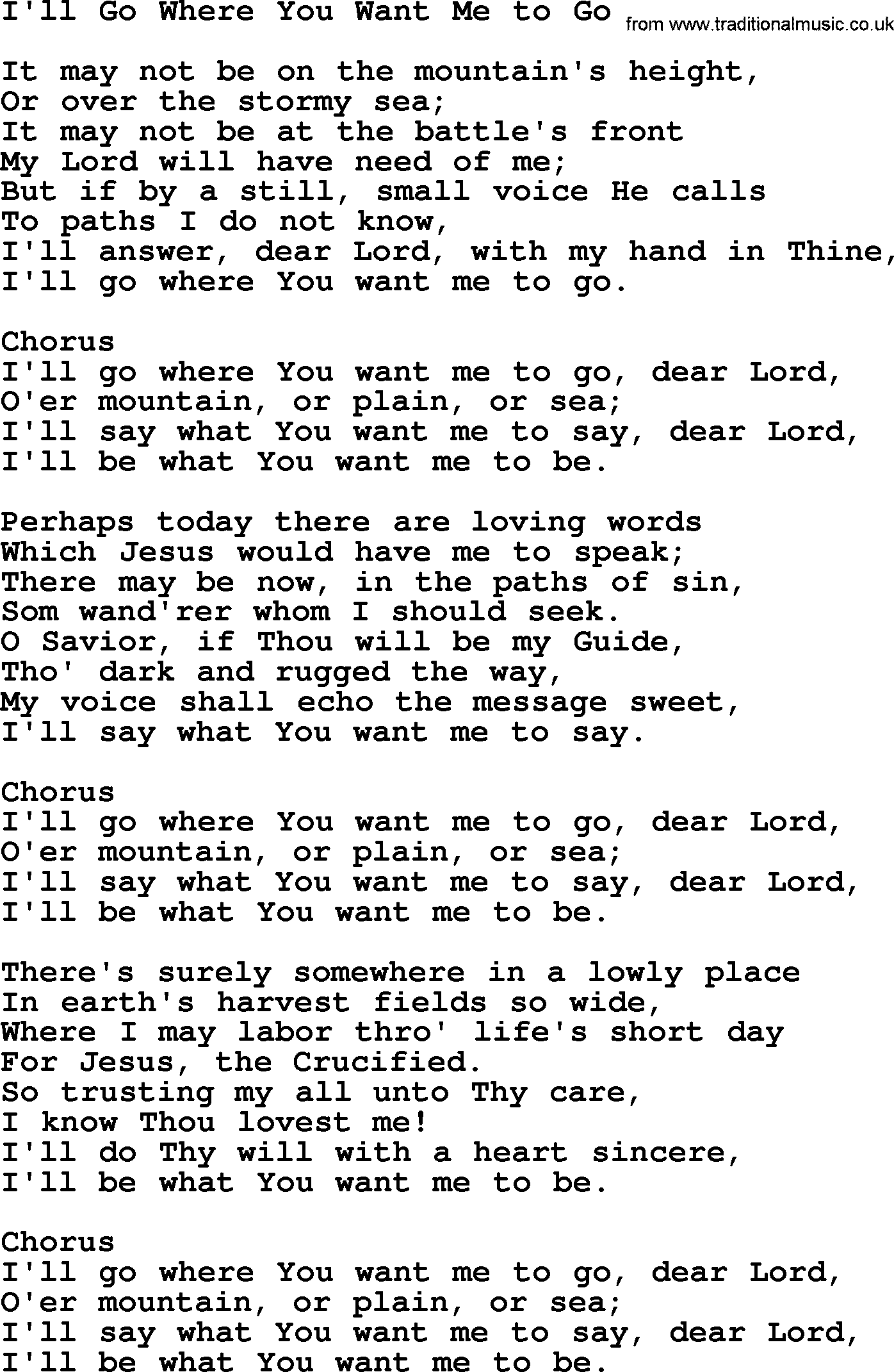 Baptist Hymnal Hymn: I'll Go Where You Want Me To Go, lyrics with pdf