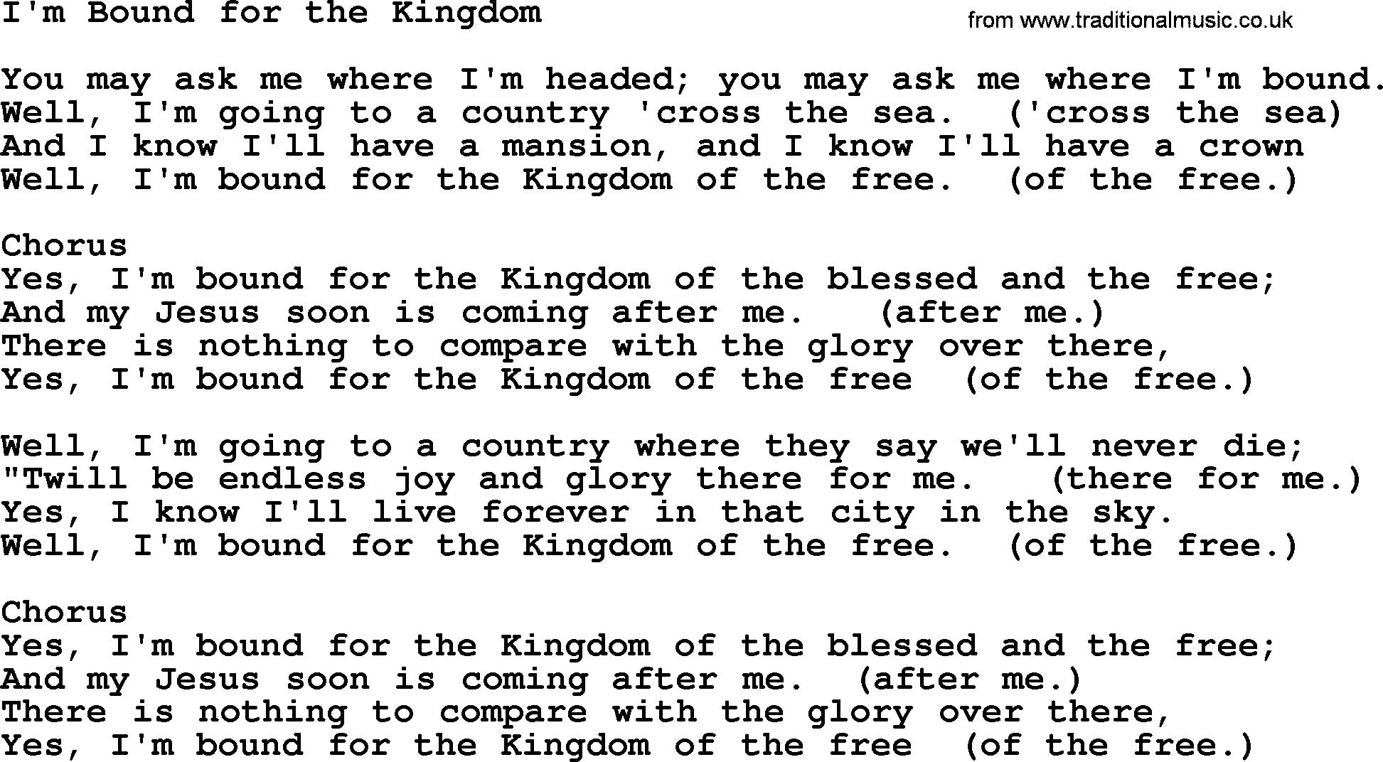 Baptist Hymnal Hymn: I'm Bound For The Kingdom, lyrics with pdf