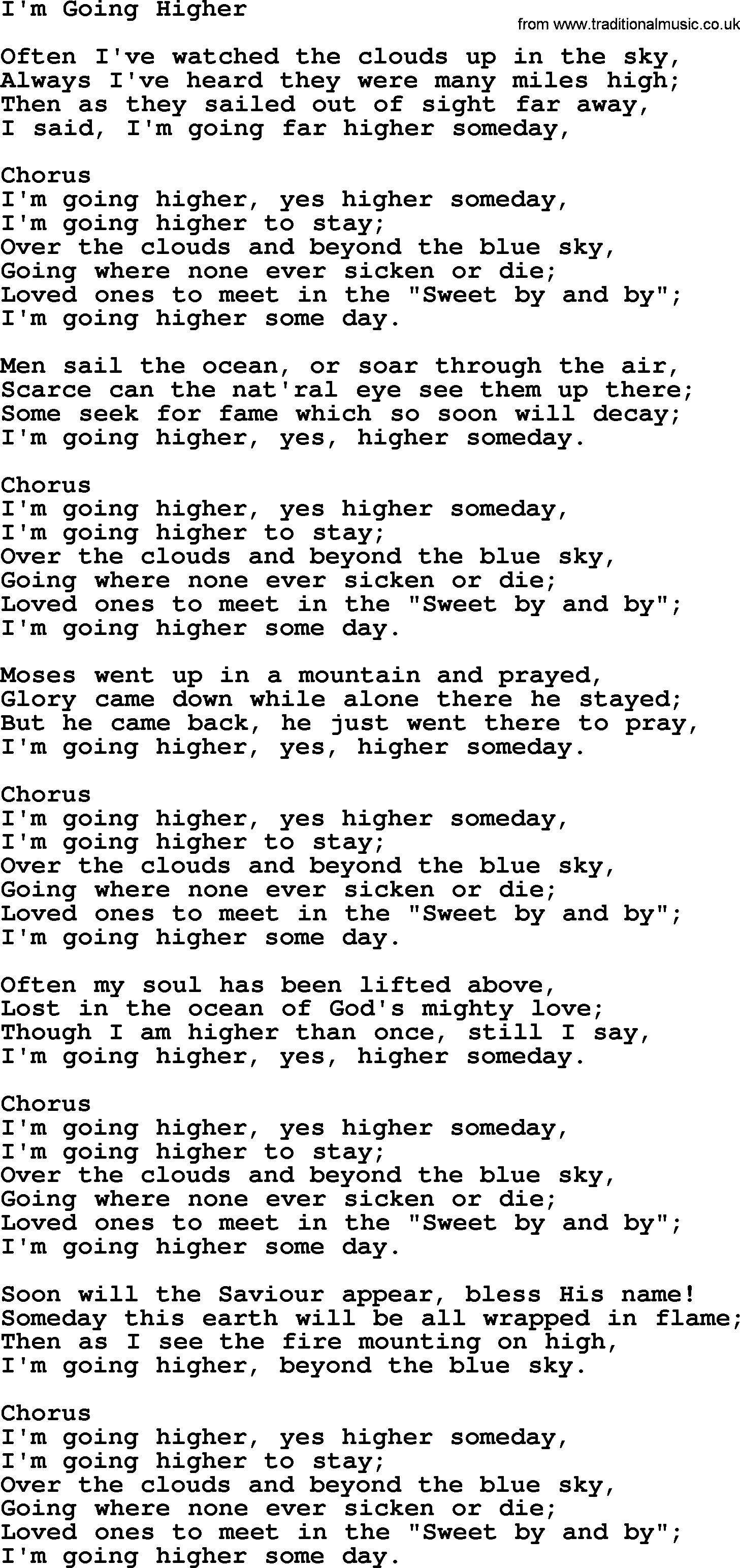 Baptist Hymnal Hymn: I'm Going Higher, lyrics with pdf