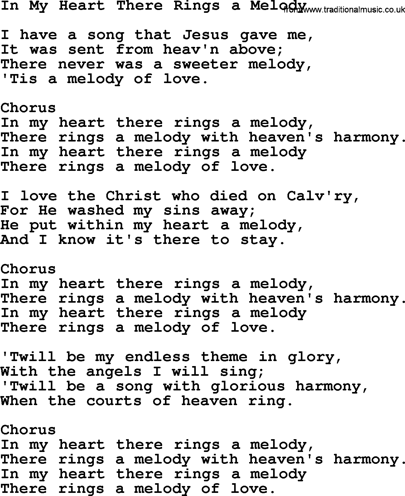 Baptist Hymnal Hymn: In My Heart There Rings A Melody, lyrics with pdf