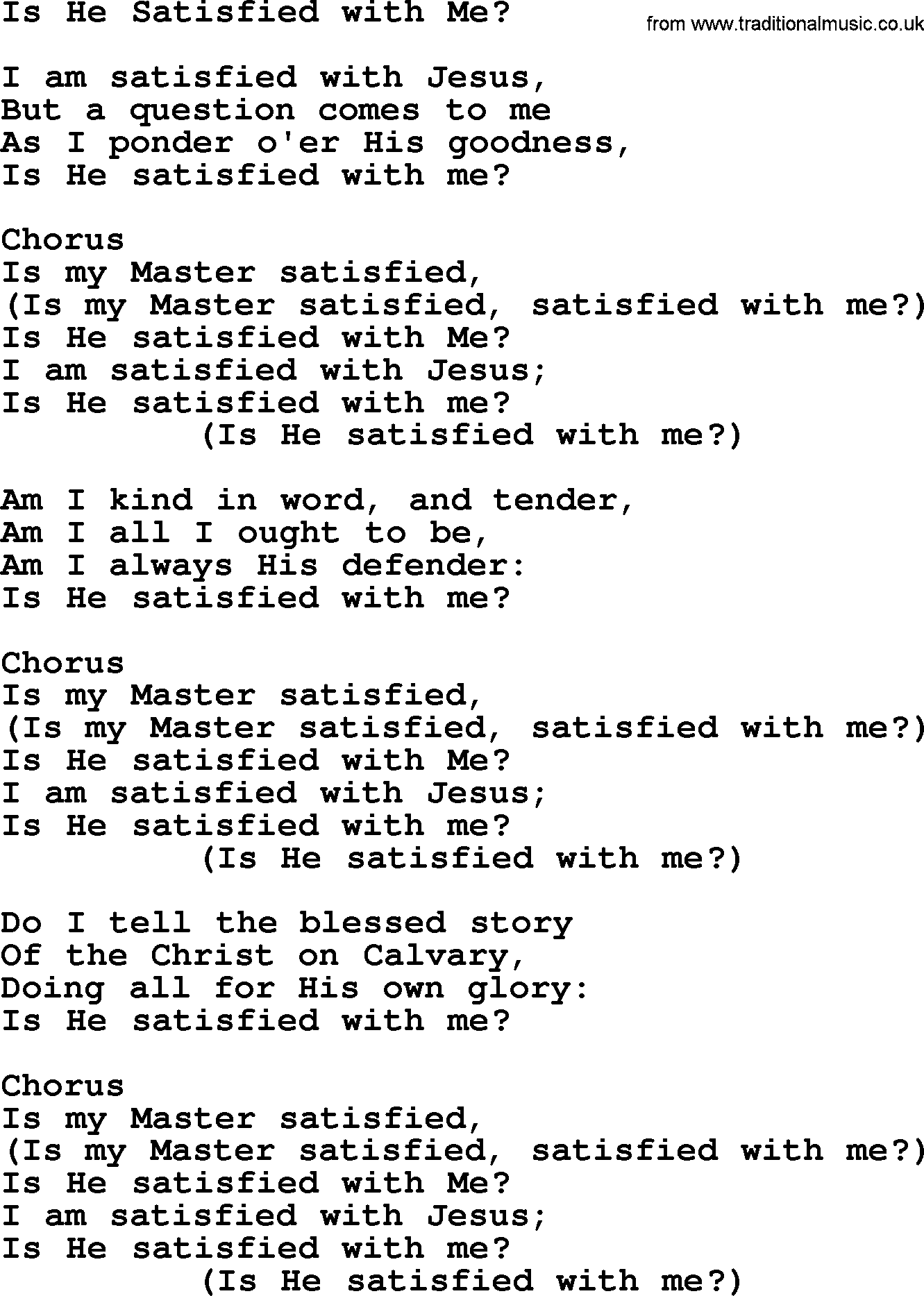 Baptist Hymnal Hymn: Is He Satisfied With Me, lyrics with pdf