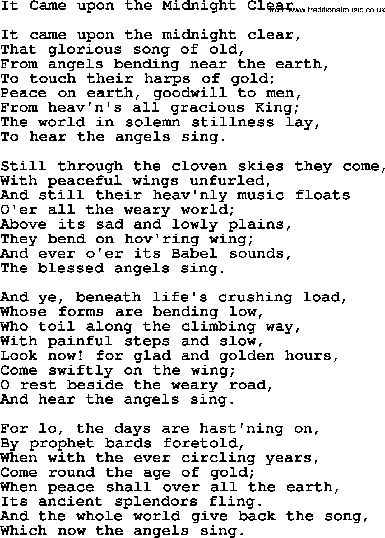 Baptist Hymnal, Christian Song: It Came Upon The Midnight Clear- lyrics with PDF for printing