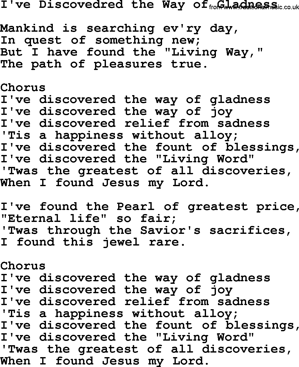 Baptist Hymnal Hymn: I've Discovedred The Way Of Gladness, lyrics with pdf