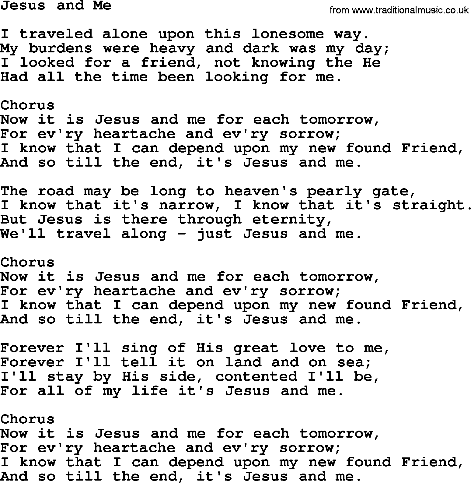Baptist Hymnal Hymn: Jesus And Me, lyrics with pdf