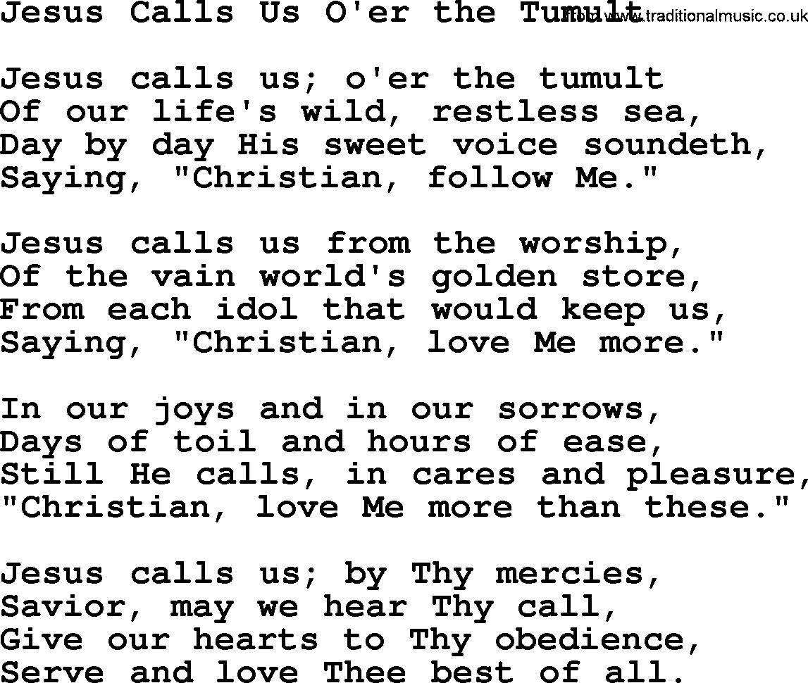 Baptist Hymnal Hymn: Jesus Calls Us O'er The Tumult, lyrics with pdf
