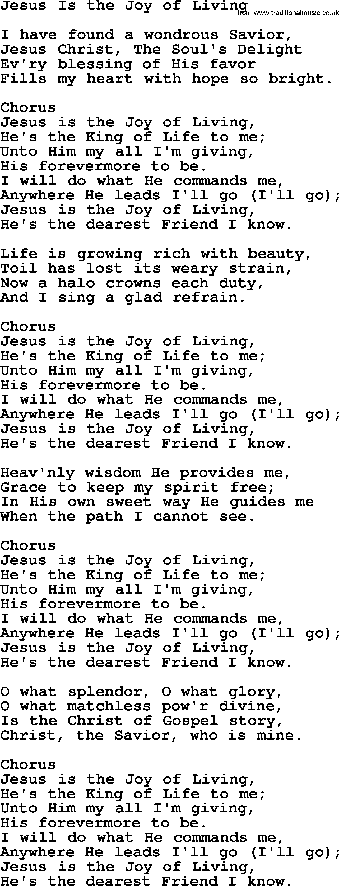 Baptist Hymnal Hymn: Jesus Is The Joy Of Living, lyrics with pdf