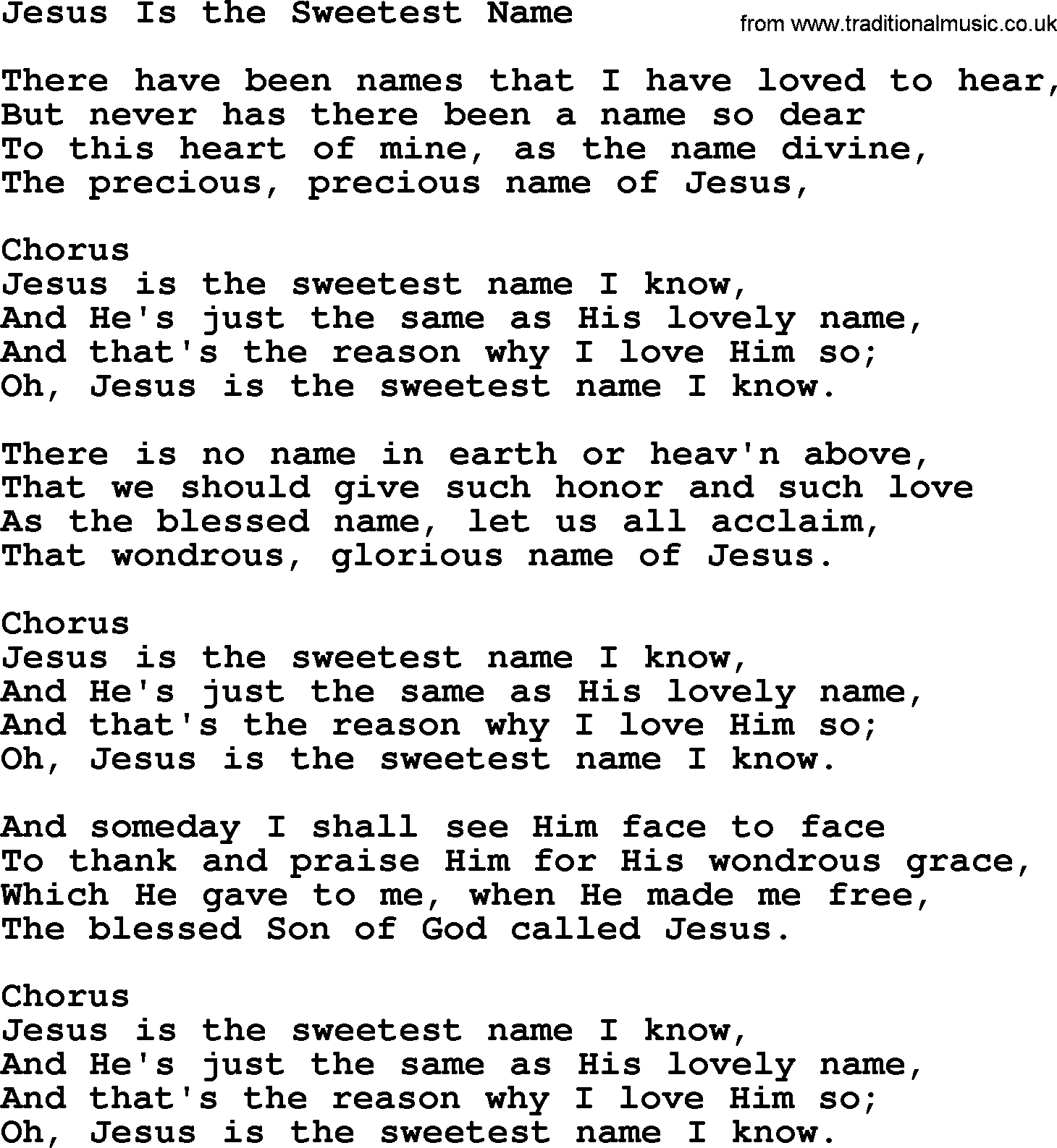 Baptist Hymnal Hymn: Jesus Is The Sweetest Name, lyrics with pdf