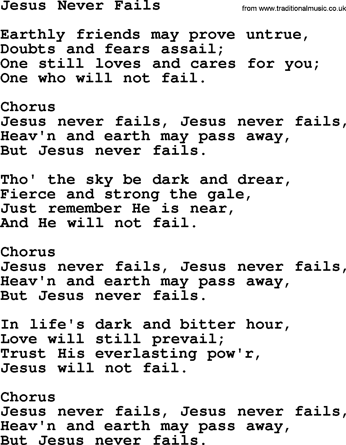 Baptist Hymnal Hymn: Jesus Never Fails, lyrics with pdf