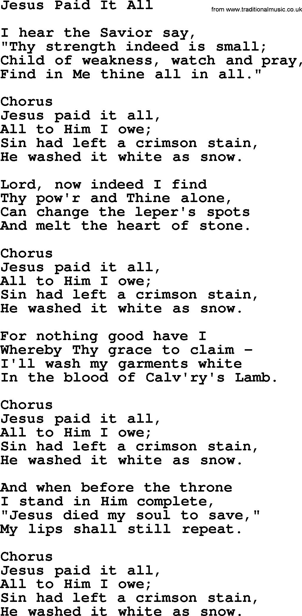 Baptist Hymnal Hymn: Jesus Paid It All, lyrics with pdf
