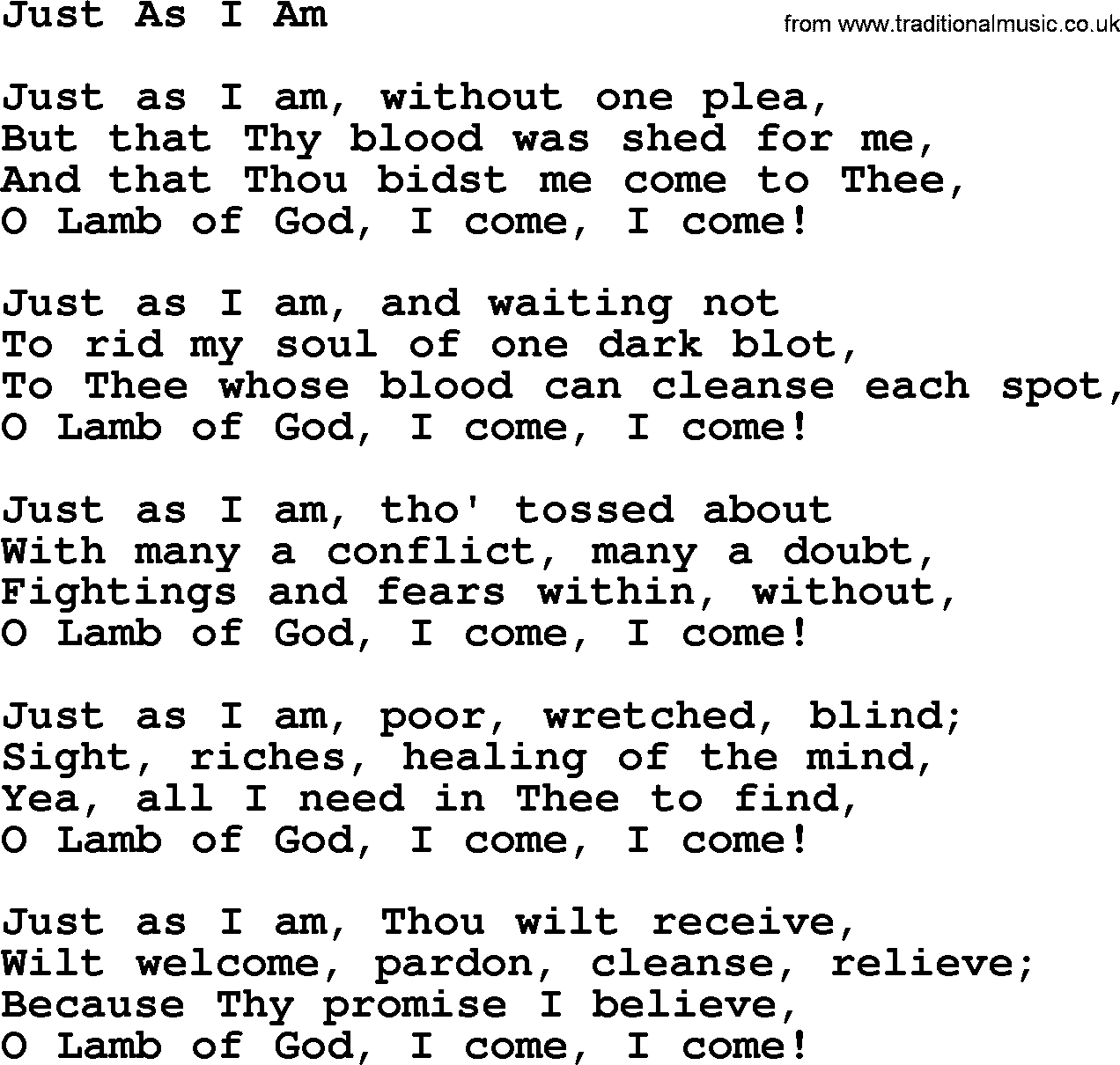 Baptist Hymnal Hymn: Just As I Am, lyrics with pdf