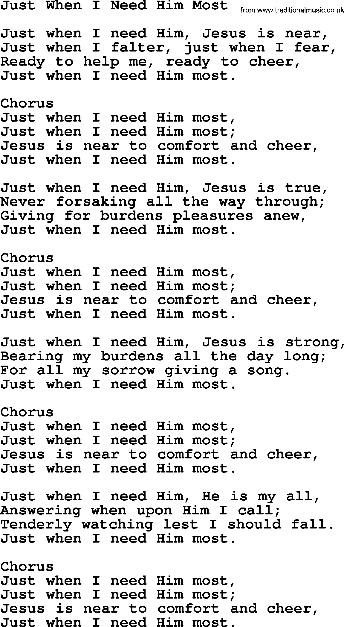Baptist Hymnal Hymn: Just When I Need Him Most, lyrics with pdf