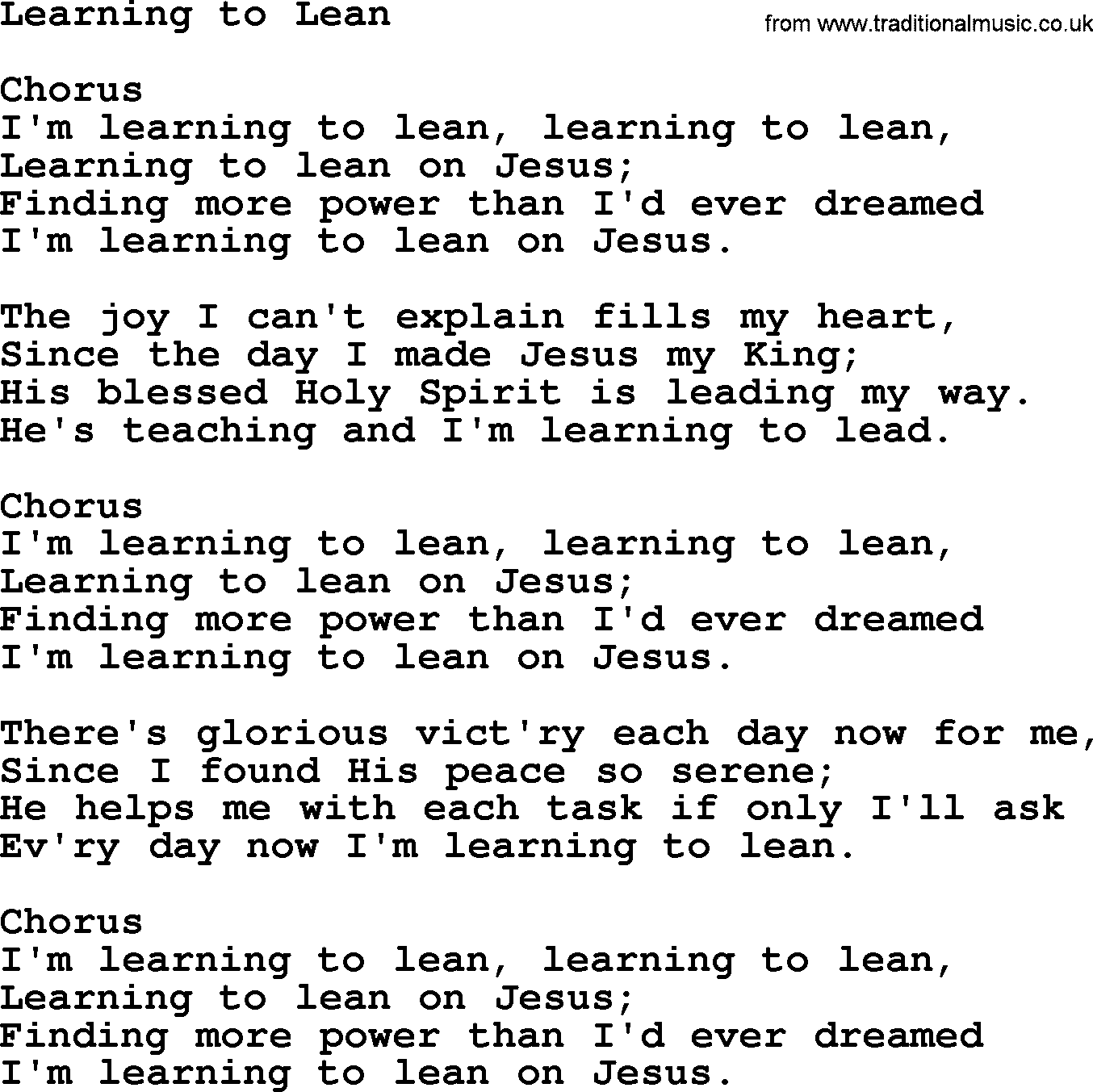 Baptist Hymnal Hymn: Learning To Lean, lyrics with pdf