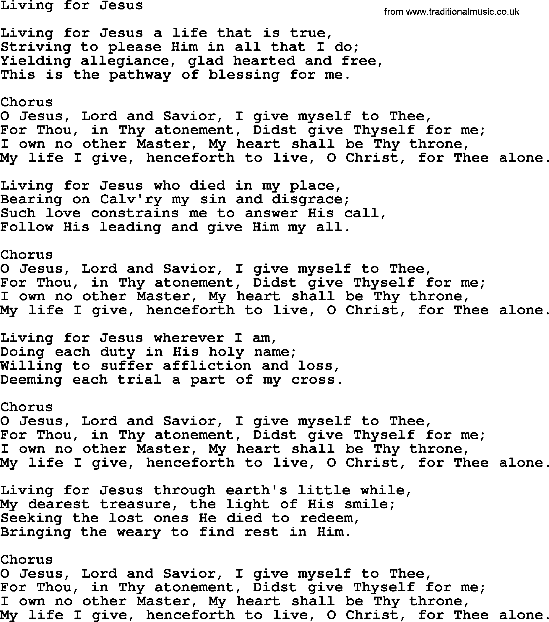 Baptist Hymnal Hymn: Living For Jesus, lyrics with pdf