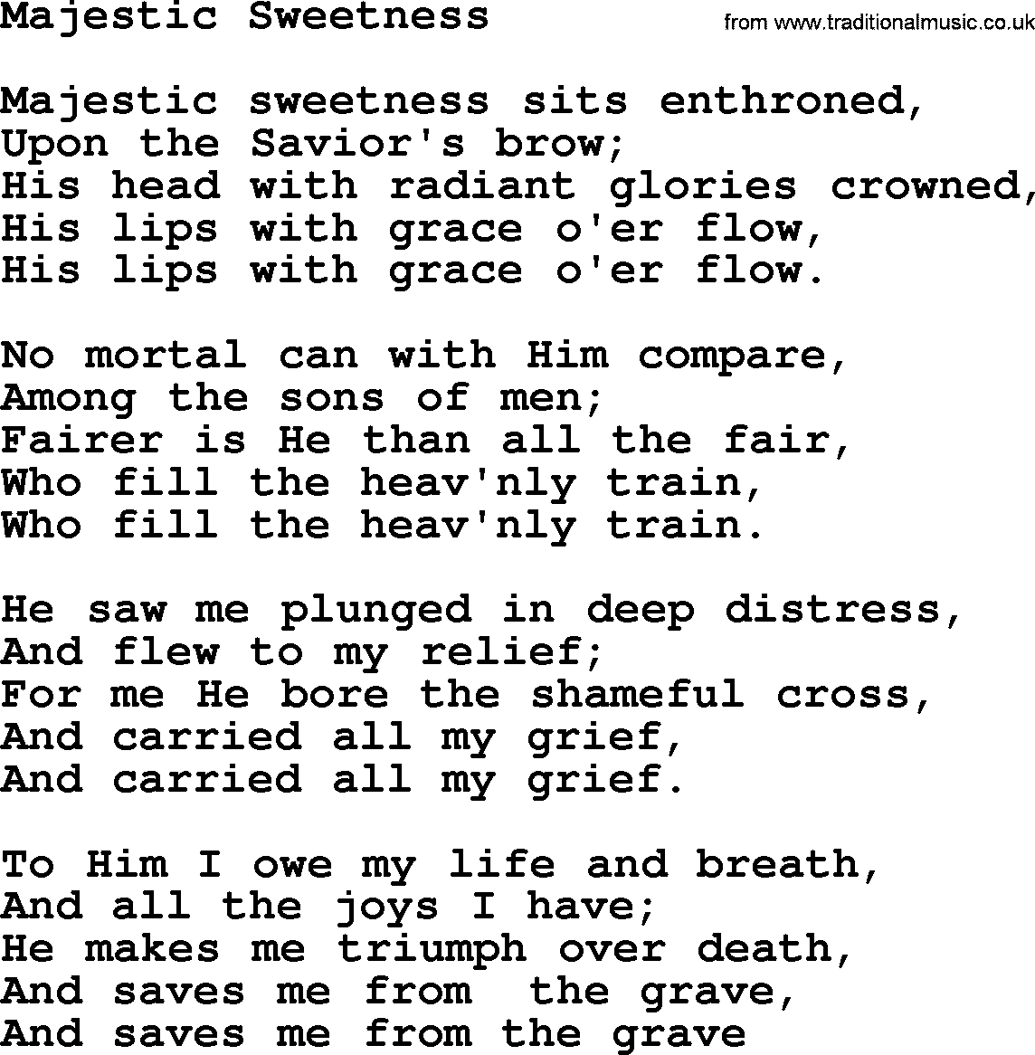 Baptist Hymnal Hymn: Majestic Sweetness, lyrics with pdf