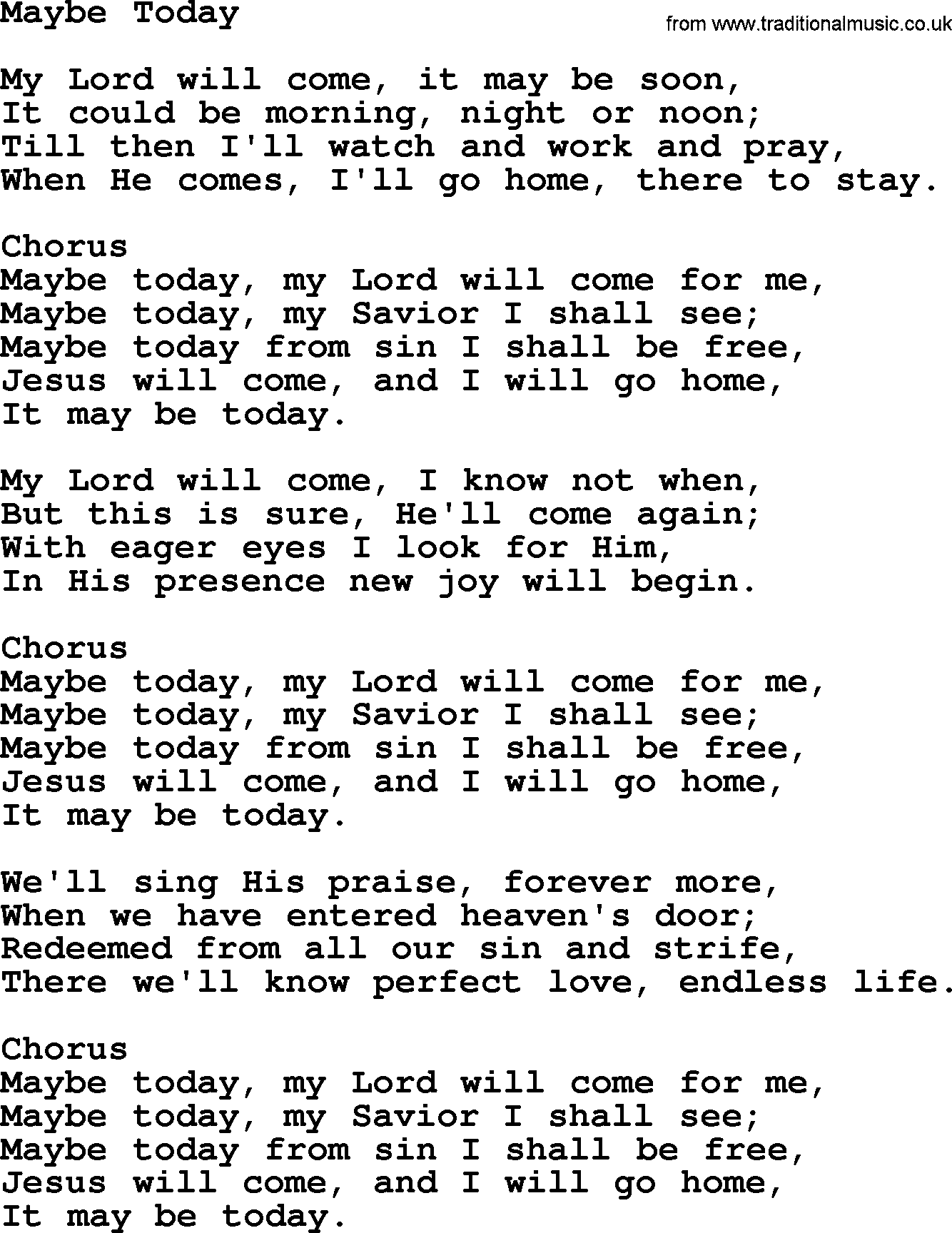 Baptist Hymnal Hymn: Maybe Today, lyrics with pdf