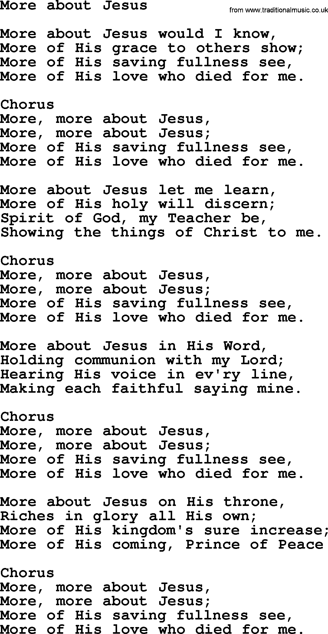 Baptist Hymnal Hymn: More About Jesus, lyrics with pdf
