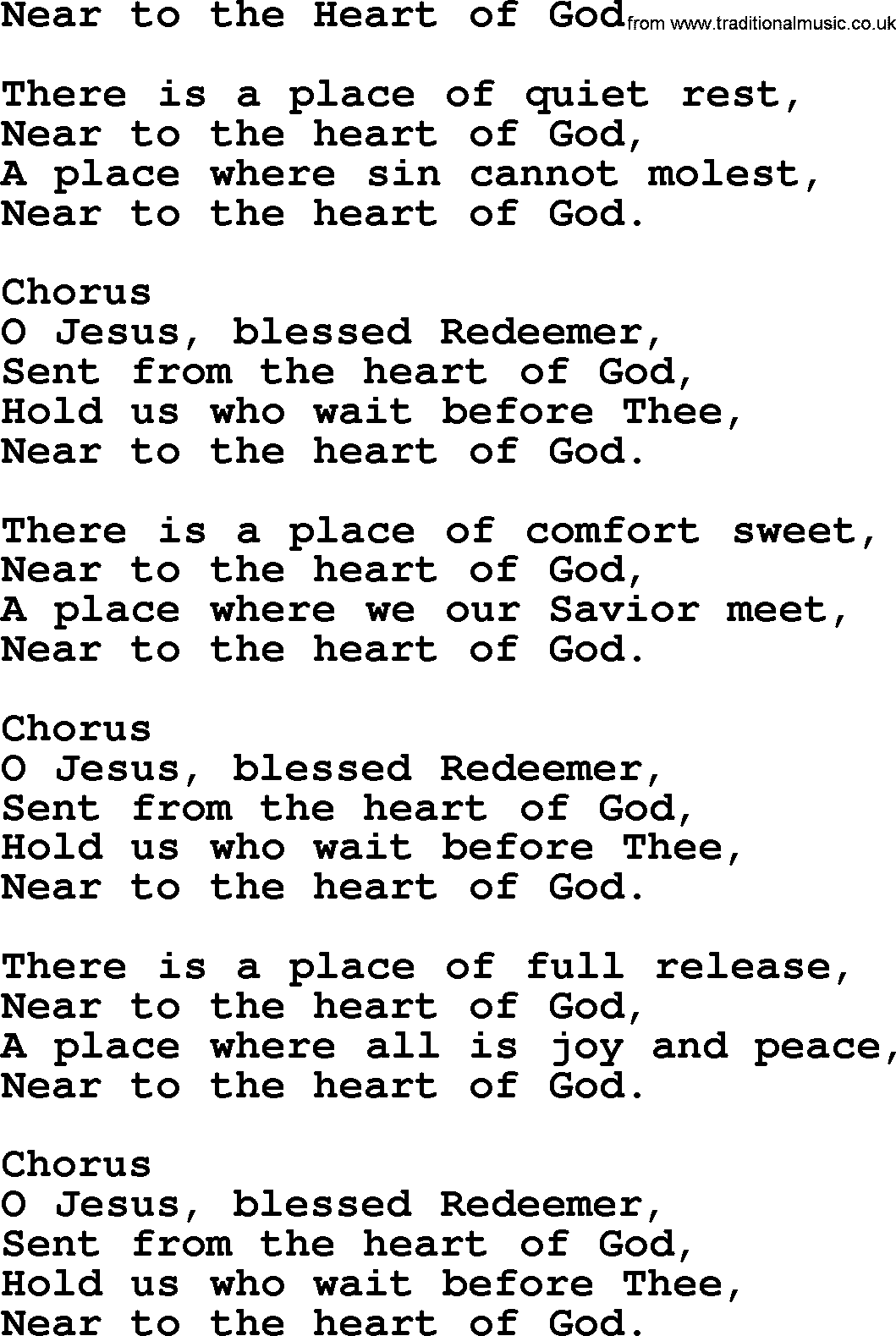 Baptist Hymnal Hymn: Near To The Heart Of God, lyrics with pdf