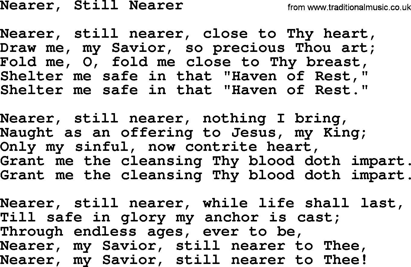 Baptist Hymnal Hymn: Nearer, Still Nearer, lyrics with pdf